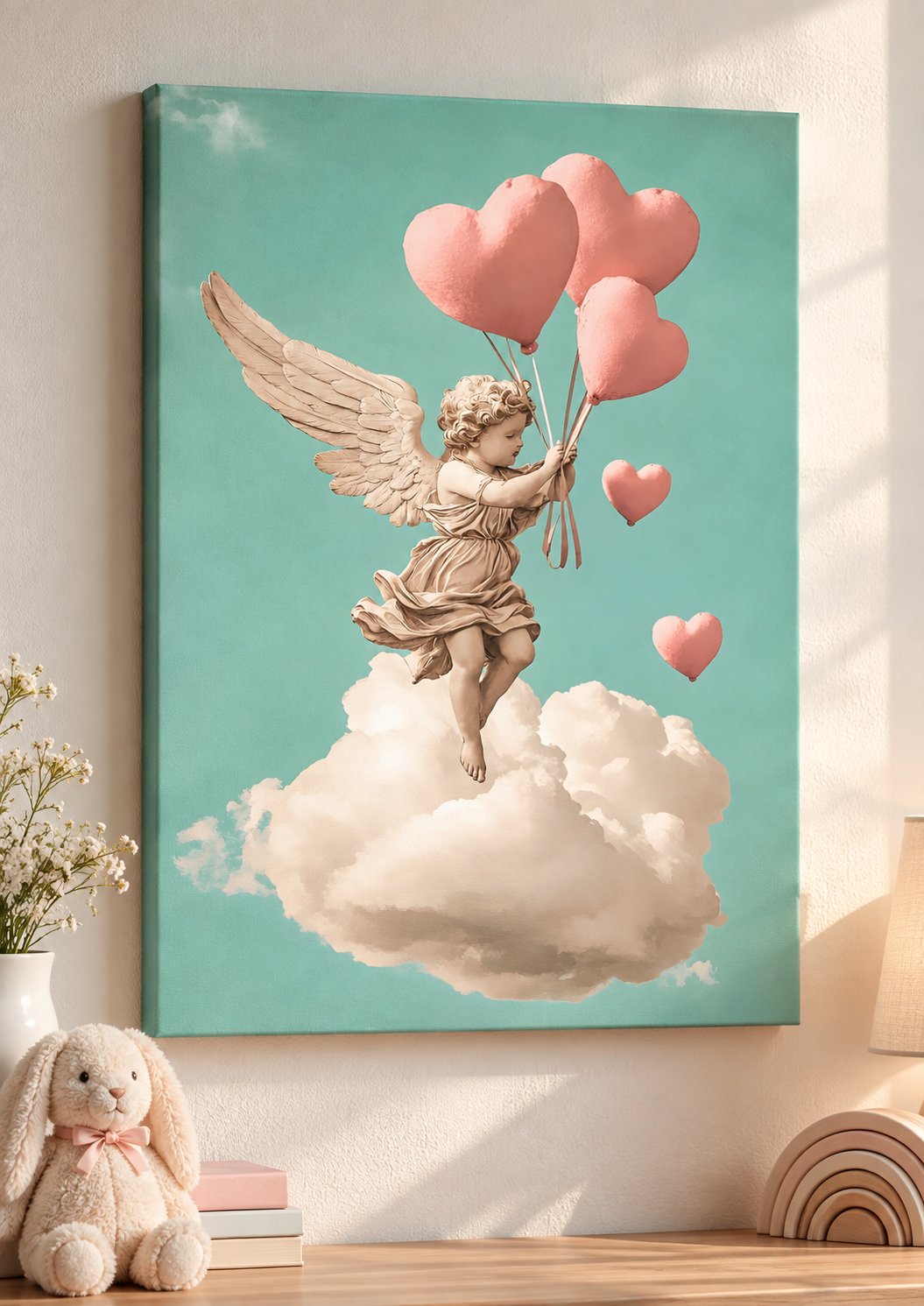 Cherub with Pink Heart Balloons on Mint Sky – Whimsical Romantic Wall Art