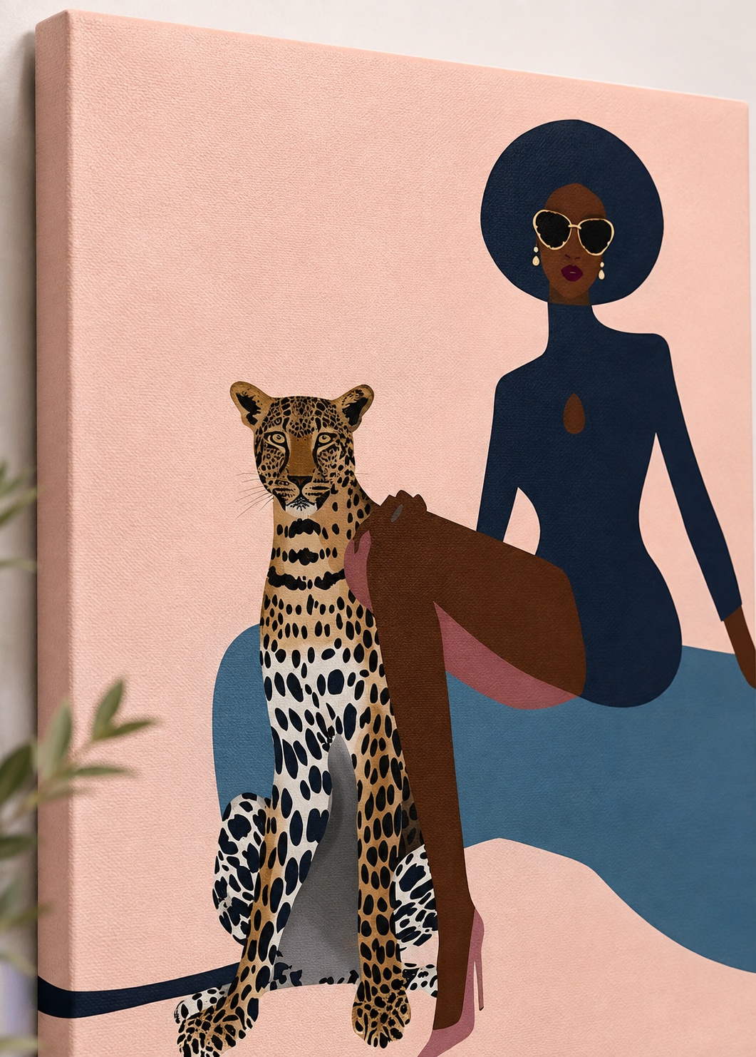 Chic African American Woman with Leopard Wall Art | Modern Black Woman Fashion Illustration Canvas Print | Luxury Boho Home Decor canvas print — leopard wall decor