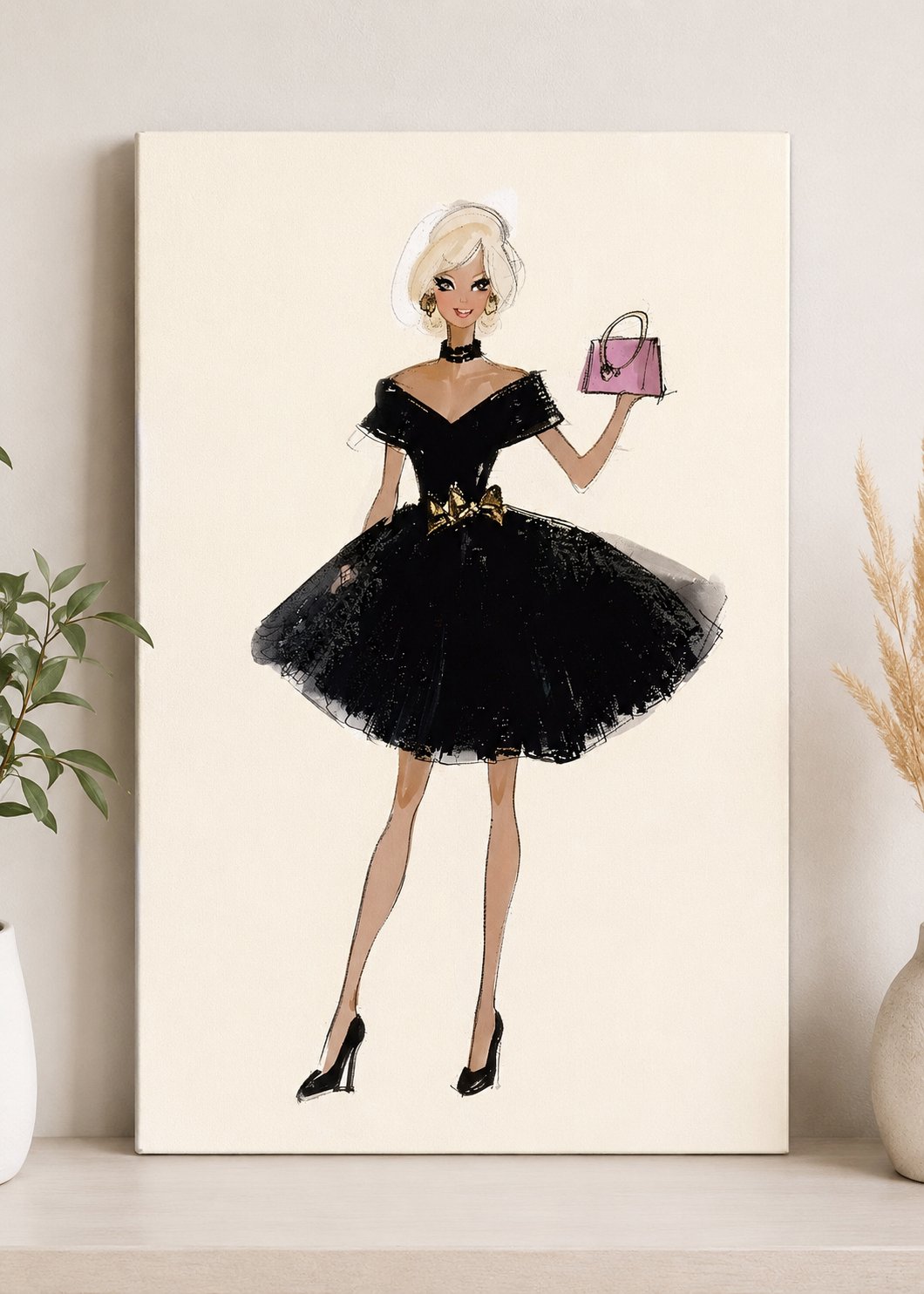 Chic Fashion Illustration Wall Art – Elegant Blonde Woman in Black Evening Dress Print canvas print — fashion illustration