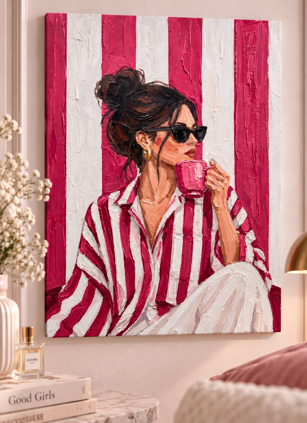 Chic Woman in Striped Pajamas Wall Art | Modern Pink and White Stripes Canvas Print | Fashion Illustration Art | Textured Oil Painting Poster canvas print — fashion illustration