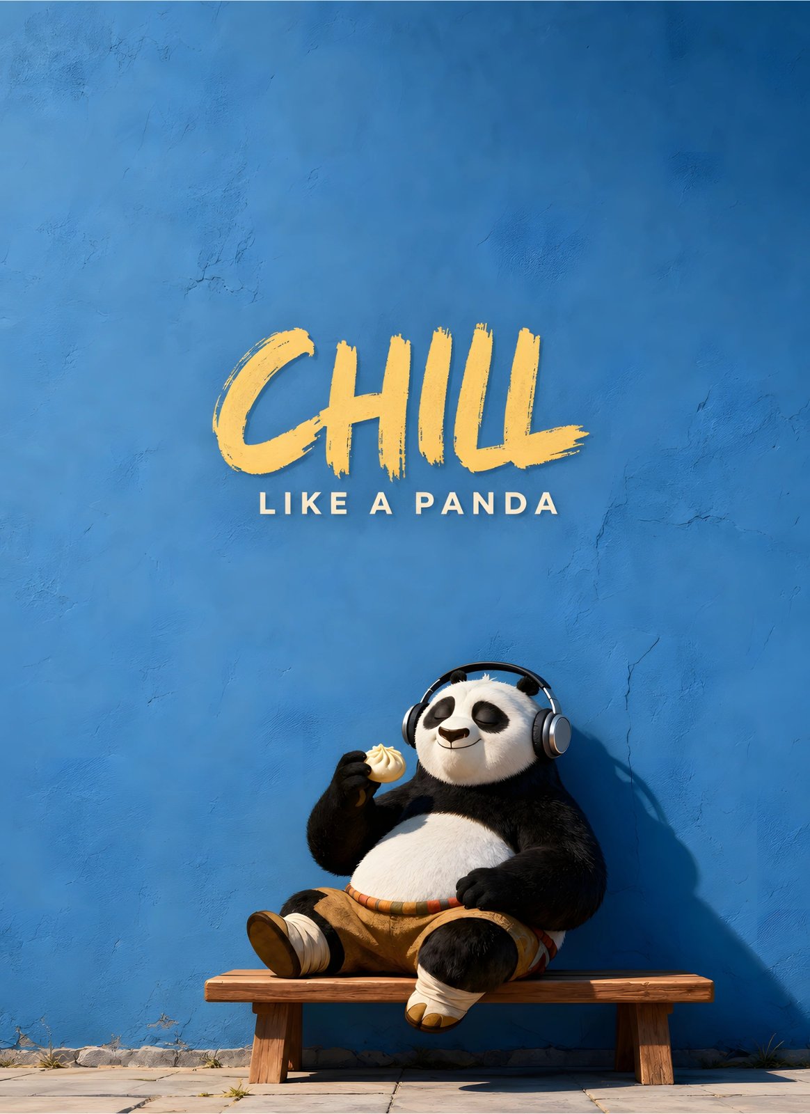 Chill Like a Panda Poster – Playful Black and White Panda with Headphones on Blue Background — Poster