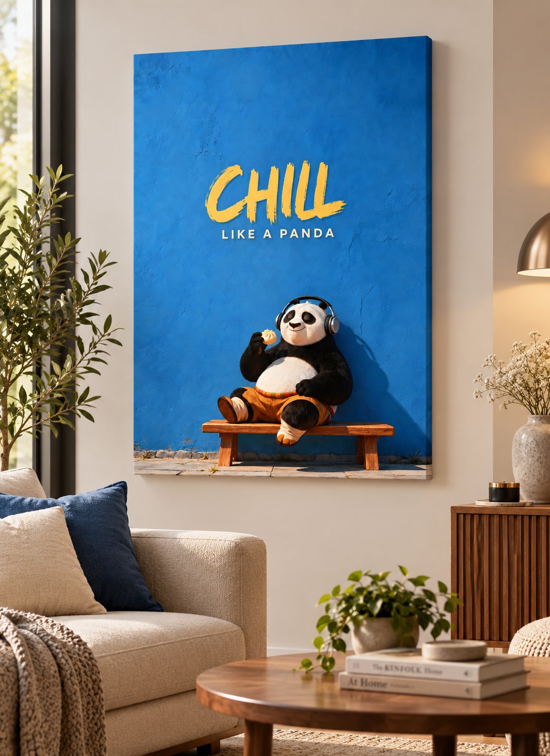 Relaxed black-and-white panda wearing headphones, seated on a wooden bench against a textured blue wall with yellow “CHILL LIKE A PANDA” lettering.