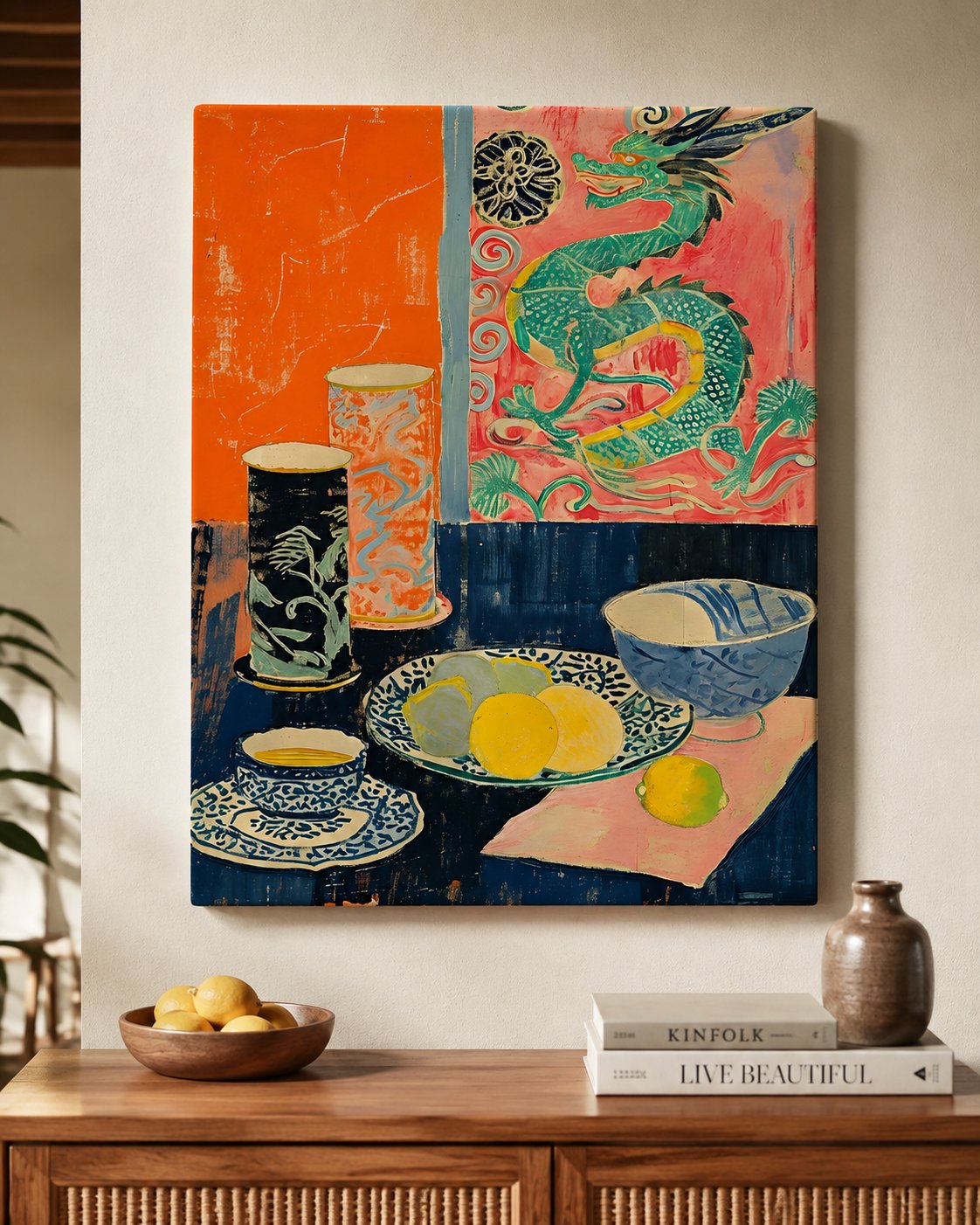 Chinoiserie Dragon Wall Art | Vibrant Asian Style Still Life Canvas Print canvas print — Asian-inspired still life