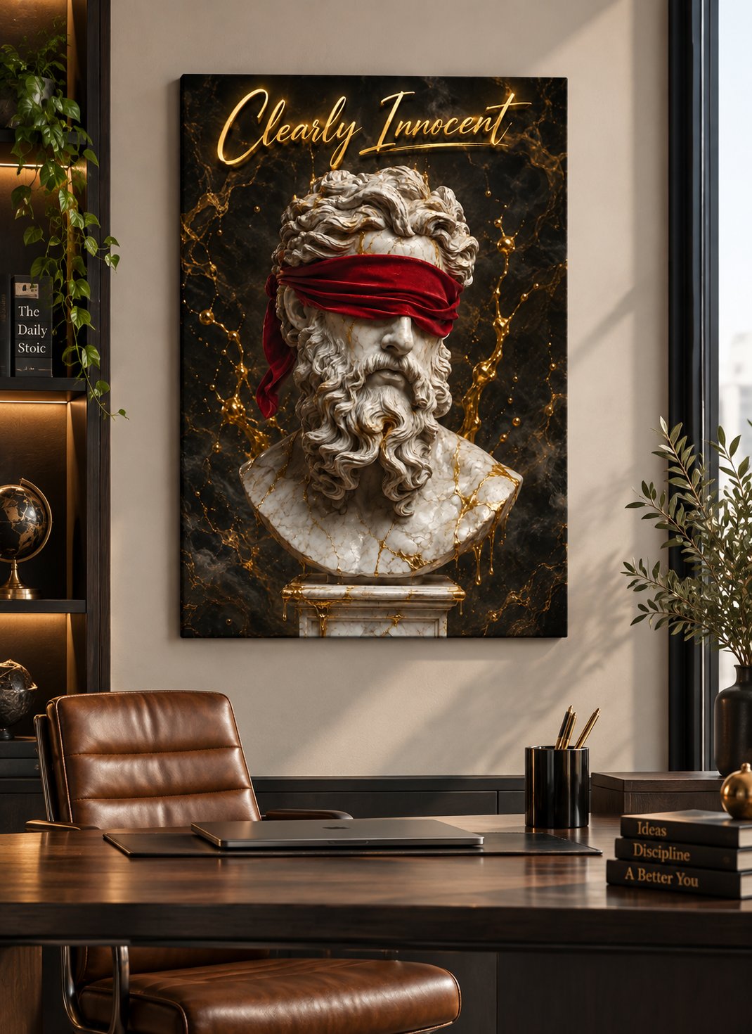 Clearly Innocent Blindfolded Greek Statue Canvas Wall Art - Modern Classical Marble & Gold Foil Effect Print canvas print — greek statue