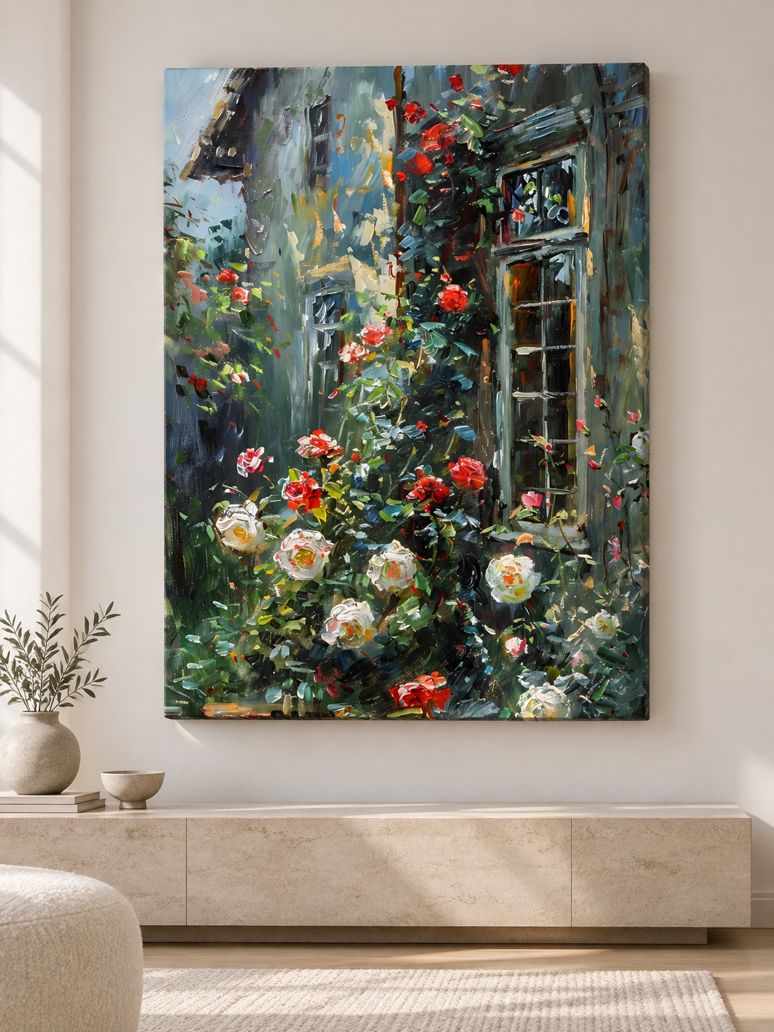 Romantic cottage window canvas art with climbing red and white roses