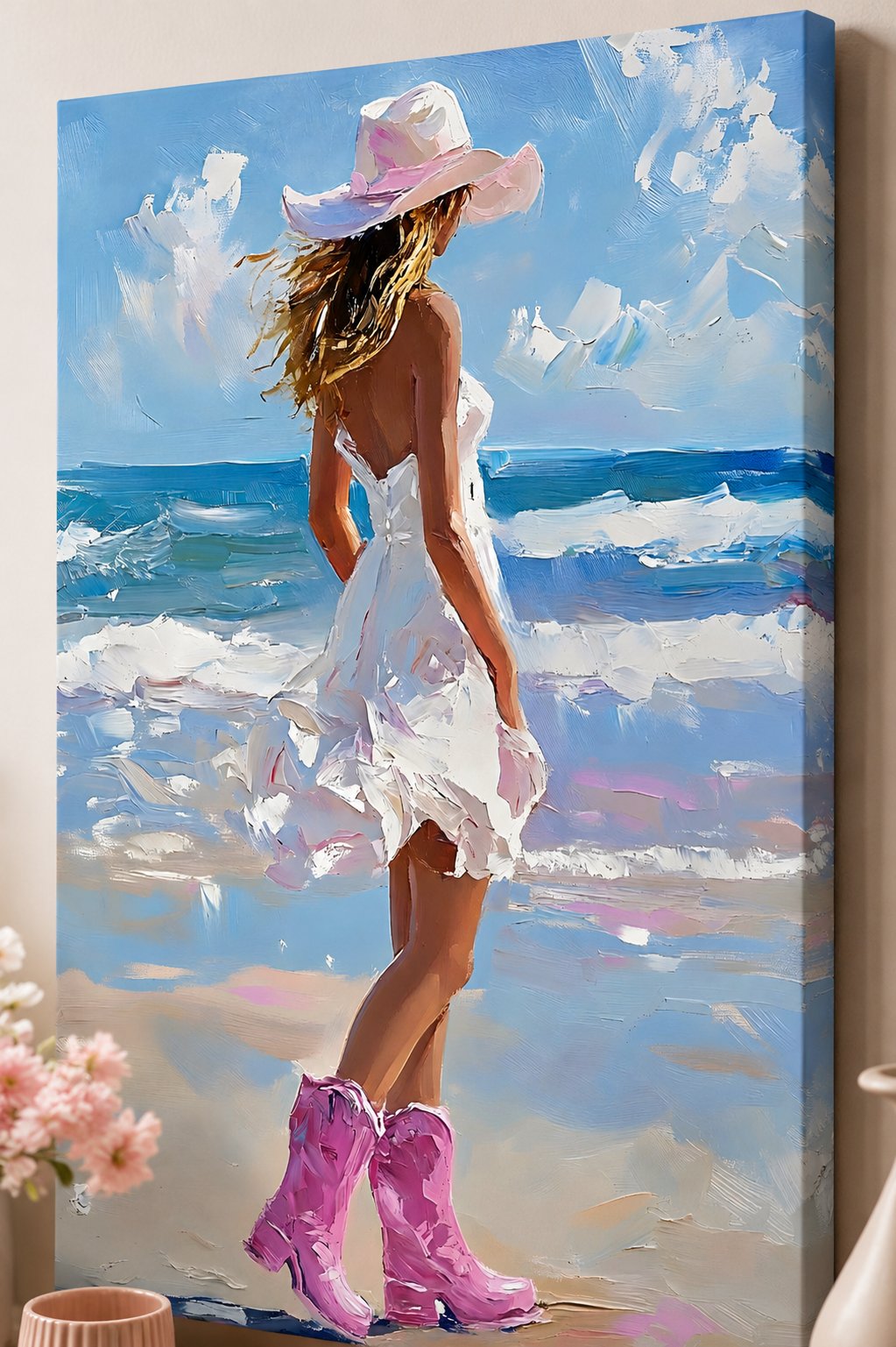 Coastal Beach Woman Impressionist Oil Painting Wall Art - Pink Cowboy Boots & Sun Hat Print canvas print — coastal cowgirl