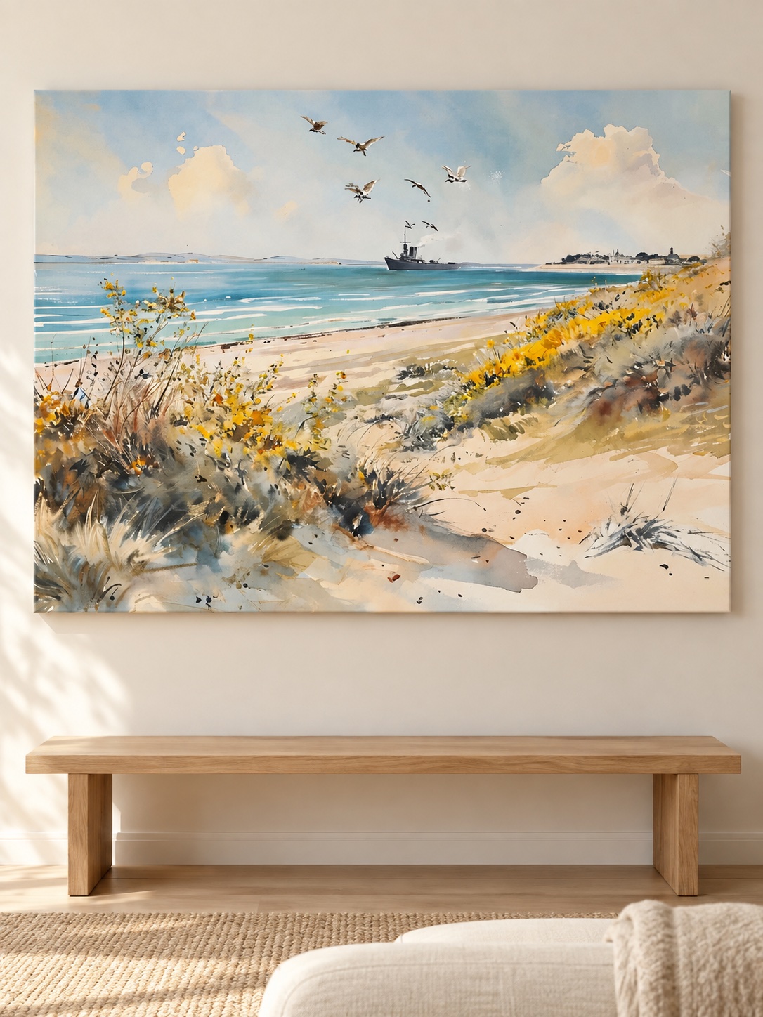 Breezy coastal dunes canvas art with seagulls and a ship on the horizon