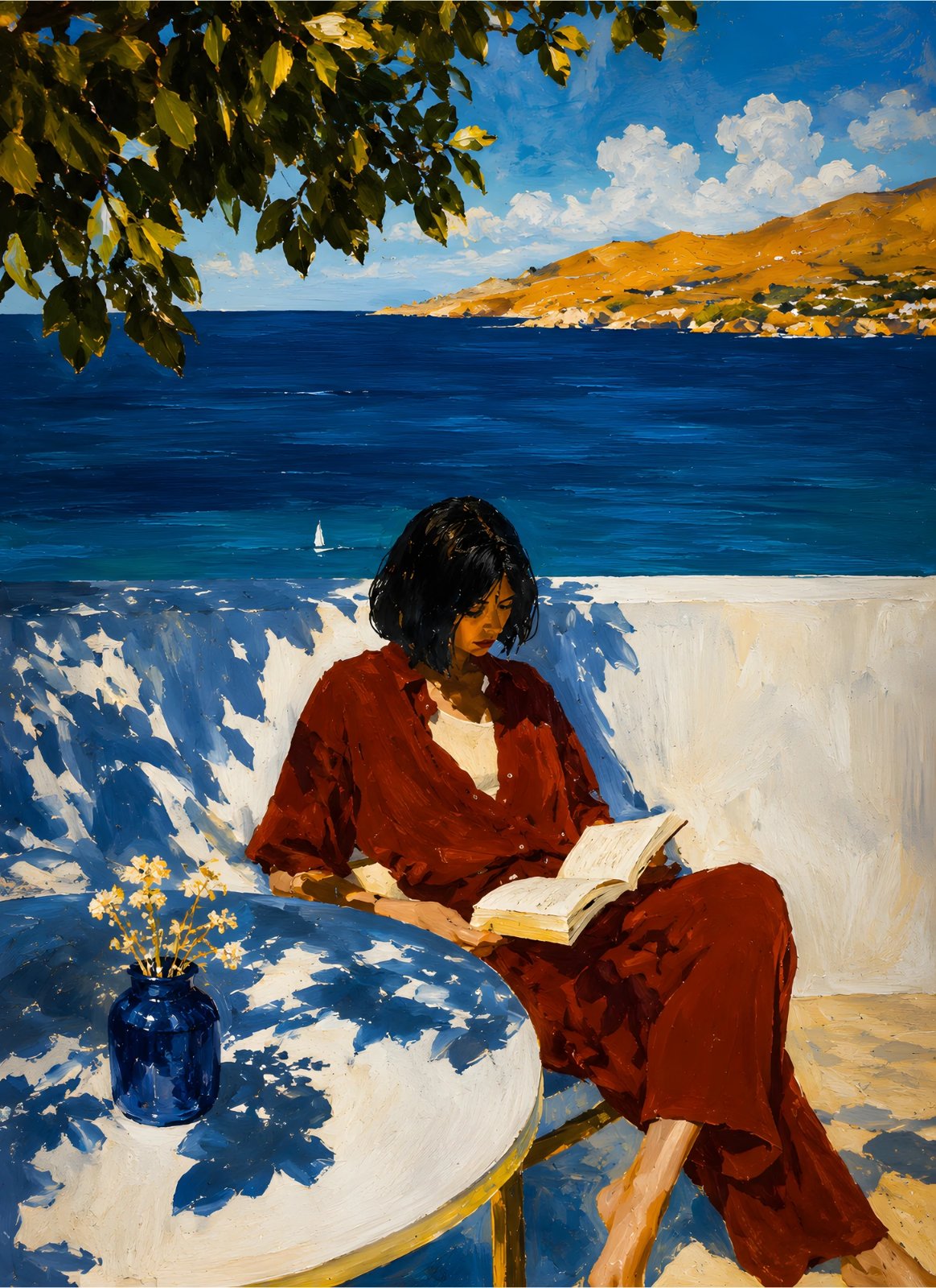 Coastal Woman Reading by the Sea – Impressionist Blue & Terracotta Seaside Poster — Poster