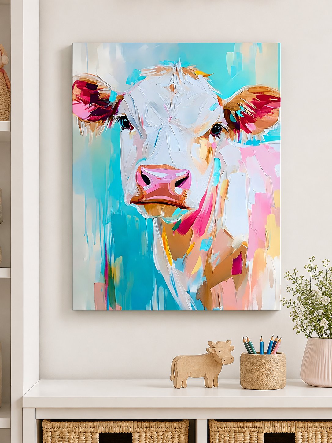 Colorful Cow Wall Art - Vibrant Abstract Canvas Print, Modern Farmhouse Decor canvas print — colorful cow wall decor