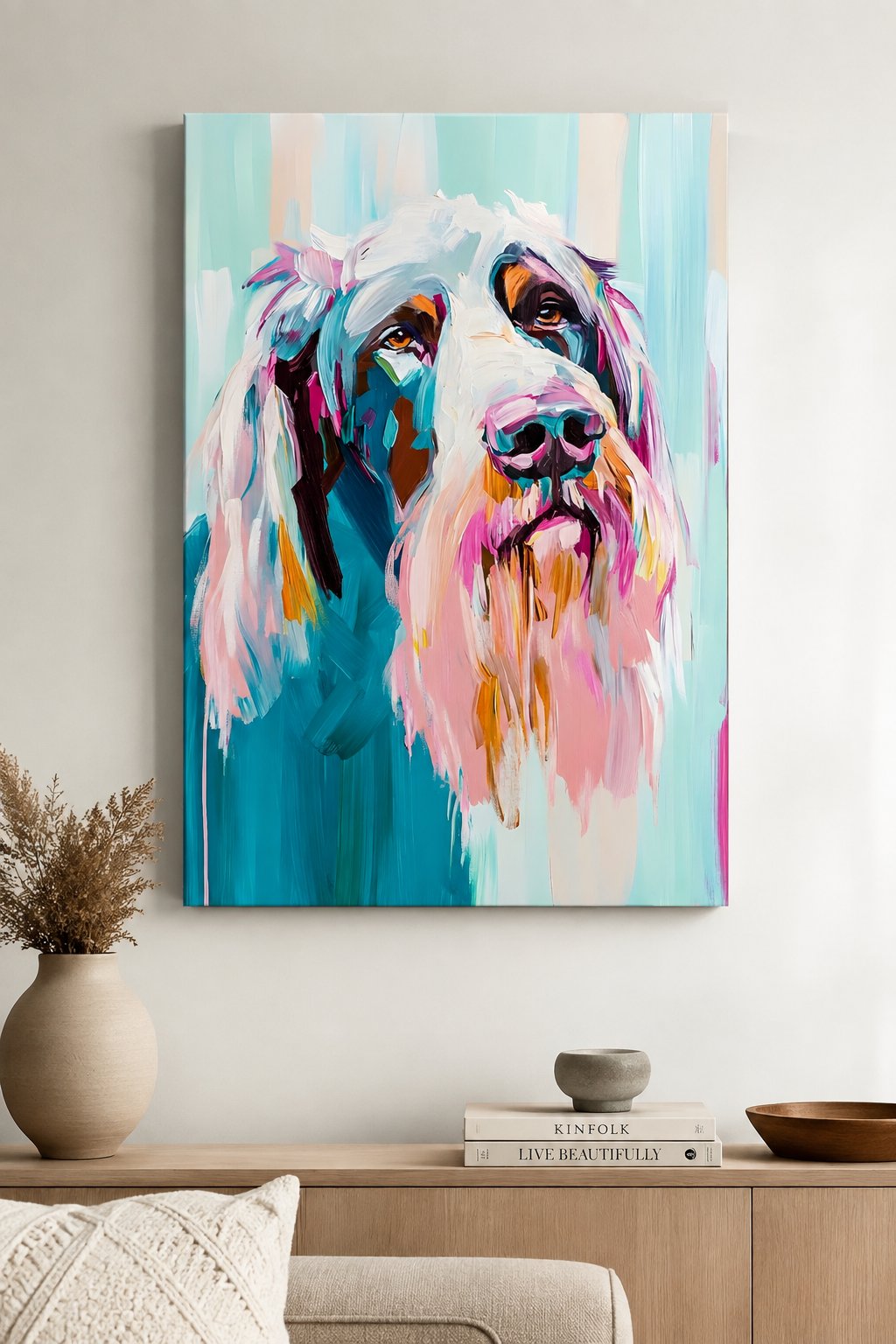 Colorful Dog Wall Art, Abstract Labradoodle Canvas Print, Vibrant Pet Portrait Painting, Modern Dog Lover Gift, Shaggy Dog Colorful Art Poster canvas print — dog wall decor