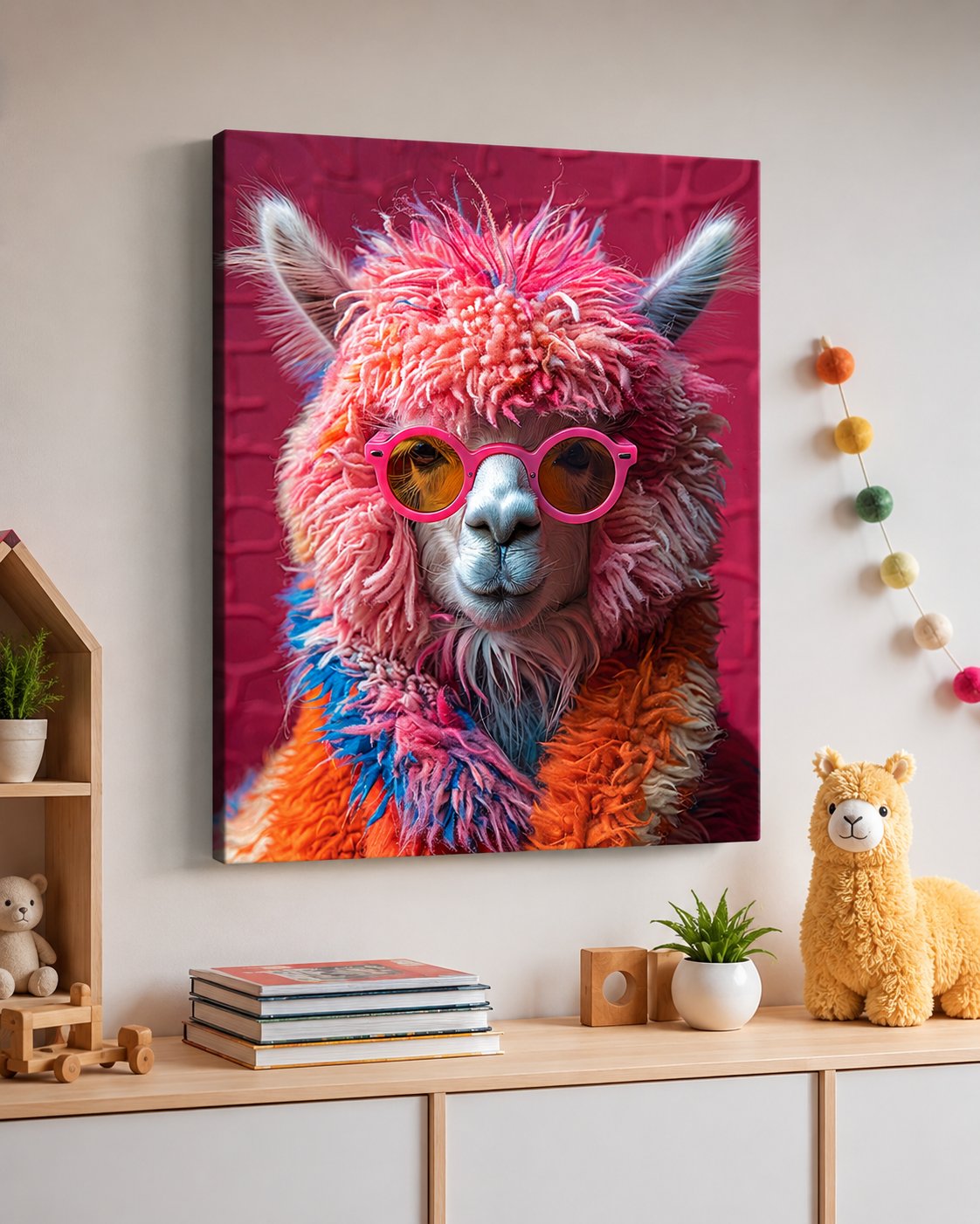 Colorful Funk Llama Wall Art - Vibrant Pink Alpaca Canvas Print, Whimsical Animal Decor with Glasses canvas print — alpaca with sunglasses
