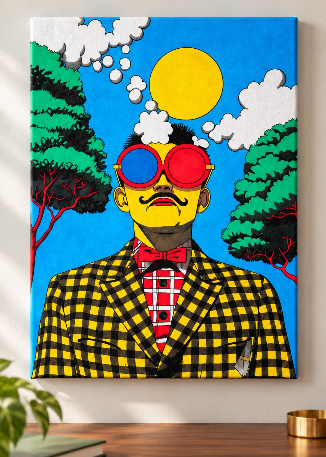 Stylized mustached figure wearing red round sunglasses, a yellow and black checkered suit, and a red bow tie beneath a yellow sun and white clouds.