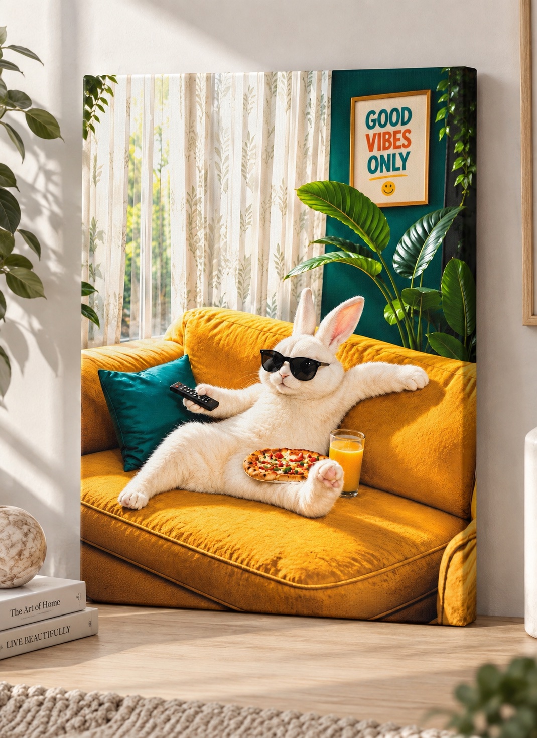 Cool Bunny Lounging with Pizza – Whimsical Pop Art in Mustard Yellow & Teal for Fun Modern Décor