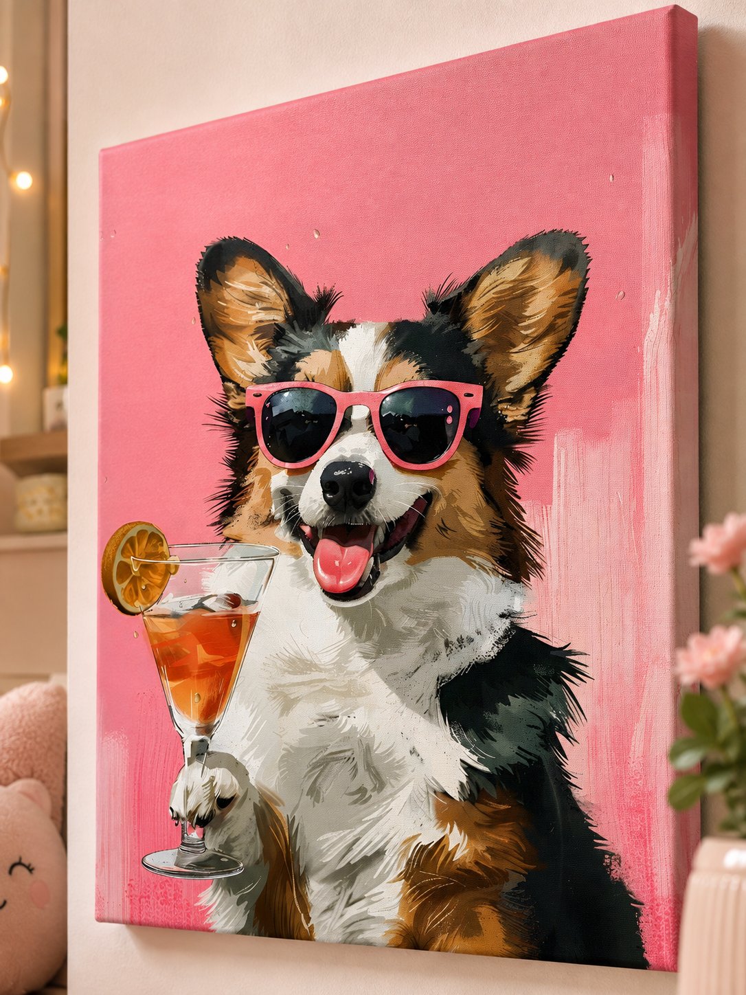 Cool Corgi with Cocktail Wall Art – Fun Dog Wearing Sunglasses Canvas Print, Vibrant Pink Playful Pet Decor for Living Room & Bar canvas print — funny dog decor
