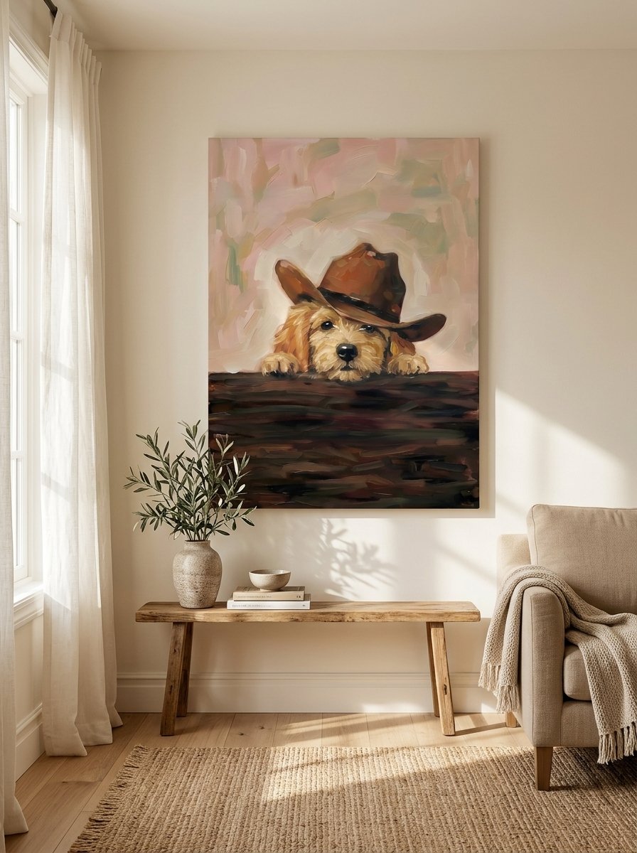 Cute puppy wearing a brown cowboy hat peeking over a wooden surface — canvas wall art