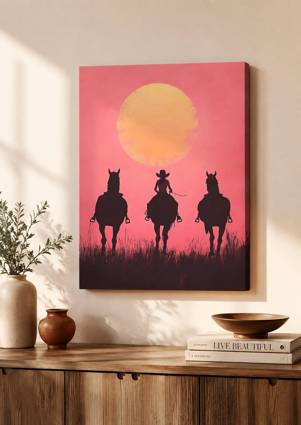 Cowgirl Riding Horse Wall Art | Western Sunset Silhouette Poster | Minimalist Pink Country Decor | Rustic Equestrian Canvas Print canvas print — cowboy sunset