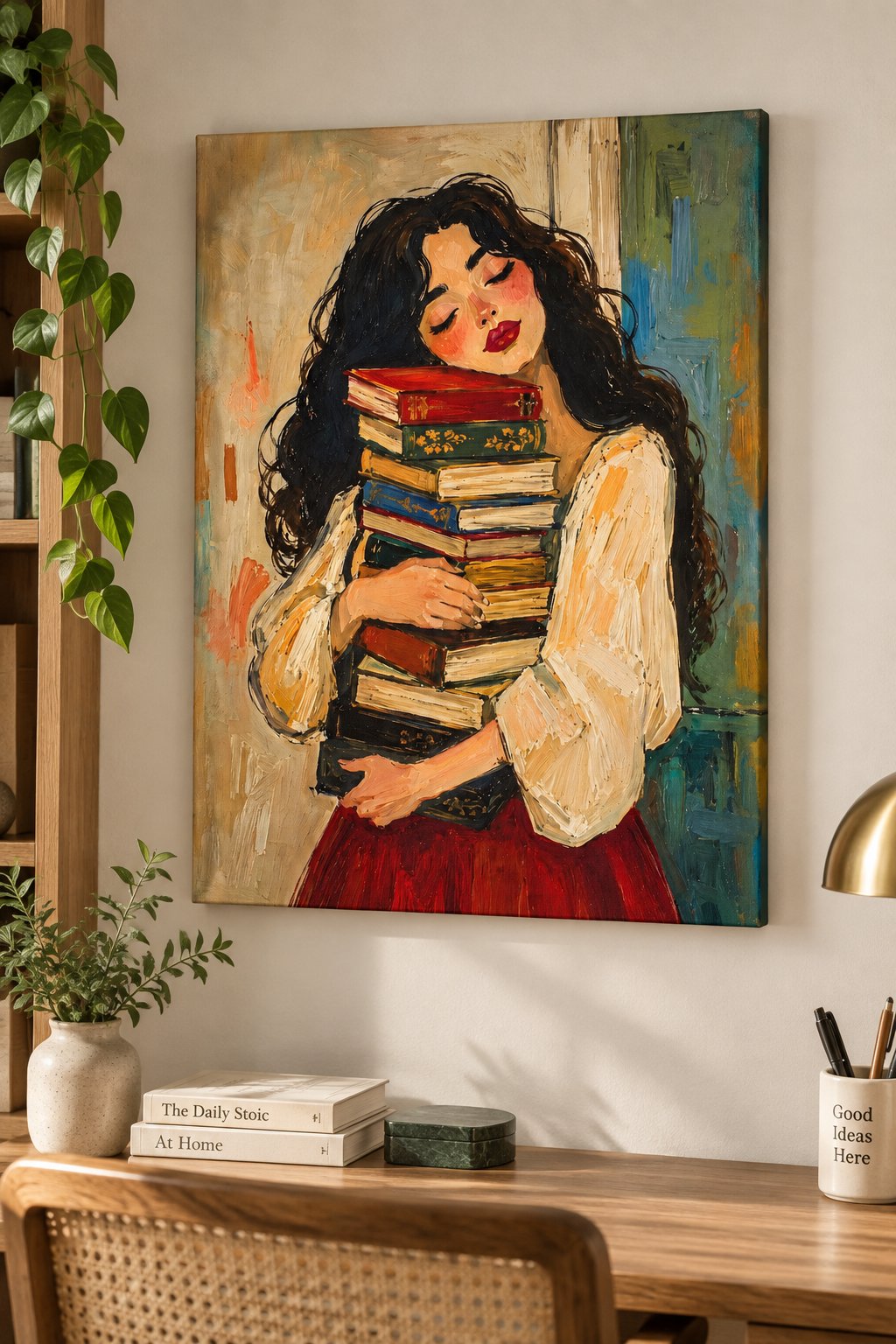 Cozy Bookworm Wall Art | Romantic Oil Painting Style Print of Woman Hugging a Stack of Books canvas print — book lover decor