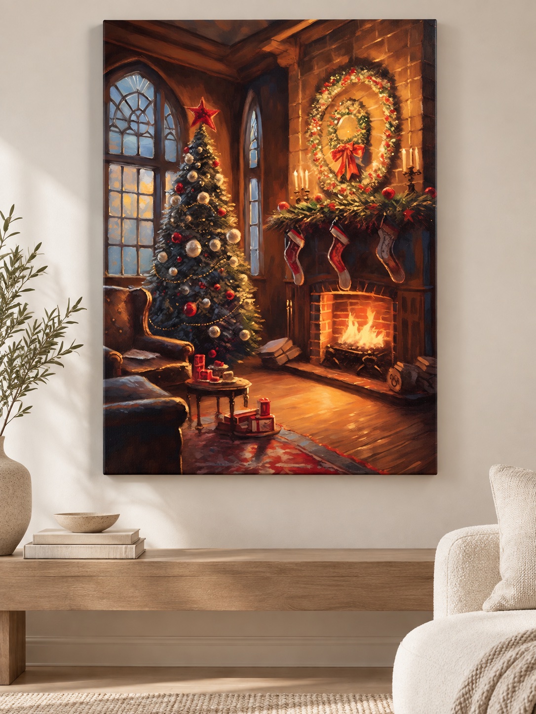 Cozy Christmas Fireplace Living Room Canvas Wall Art