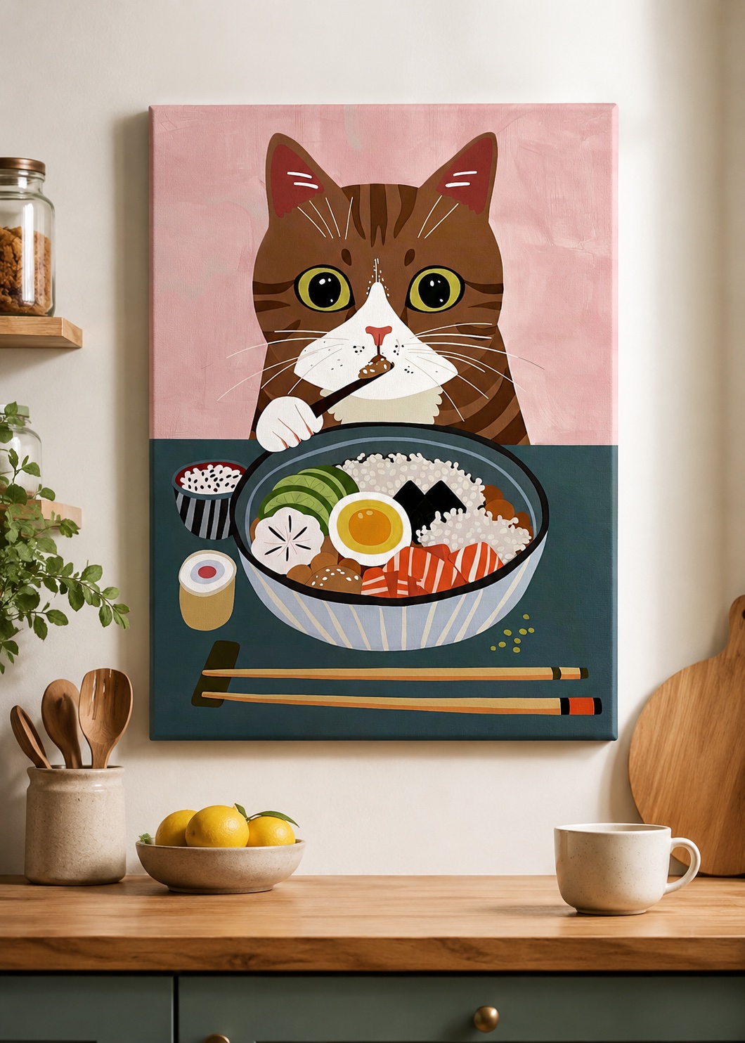 Cozy Morning Coffee and Pastry Wall Art - Pastel Pink Kitchen Canvas Print, Aesthetic Cafe Oil Painting Impressionist Food Art Poster canvas print — cute cat wall decor