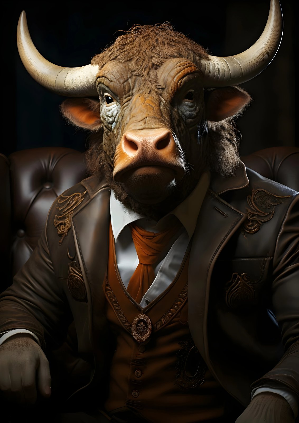 Anthropomorphic brown bull with large ivory horns wearing an ornate dark suit, white shirt and burnt-orange tie against a black background.