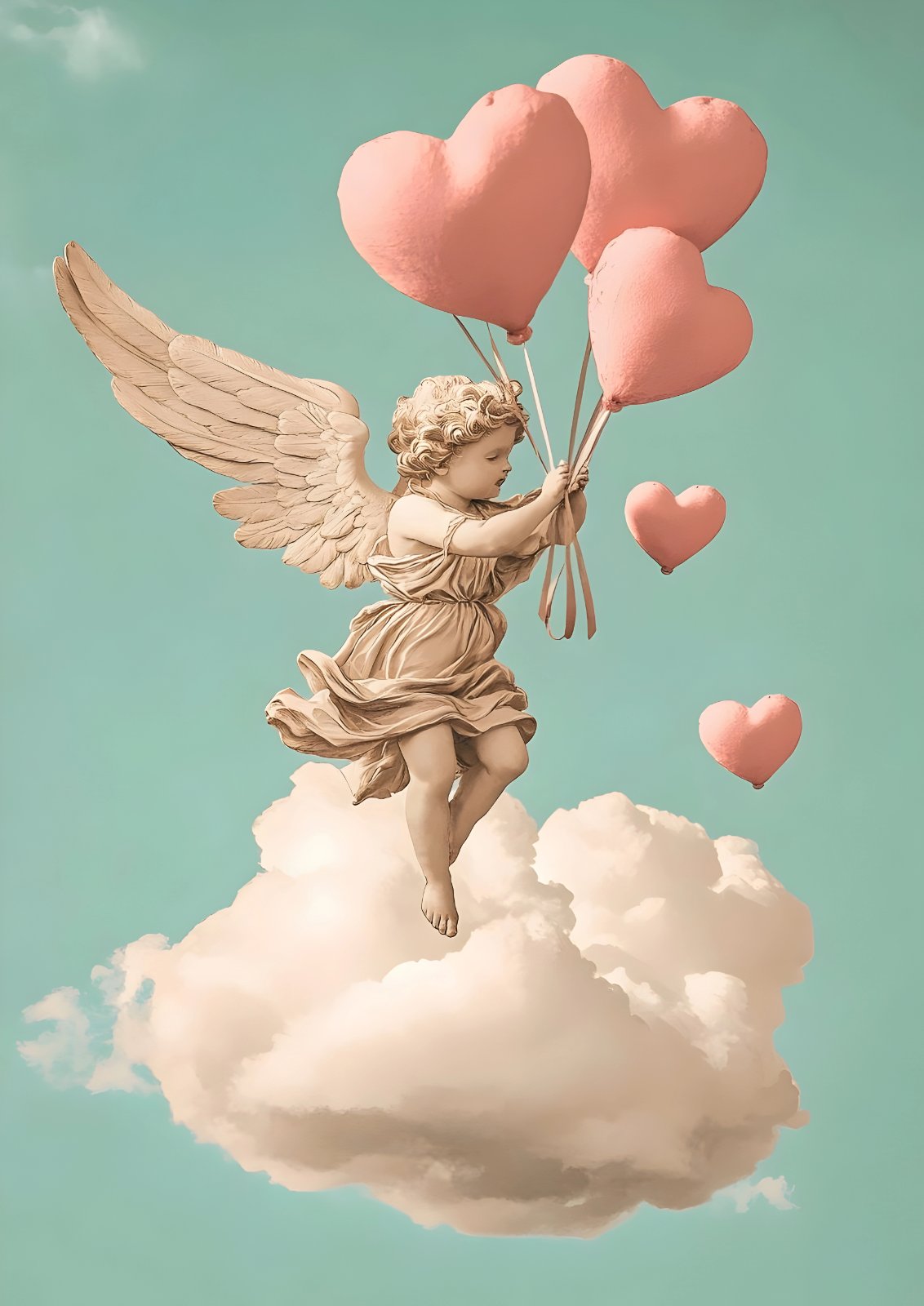 Winged cherub floating above cream clouds while holding pink heart-shaped balloons against a mint-green sky.