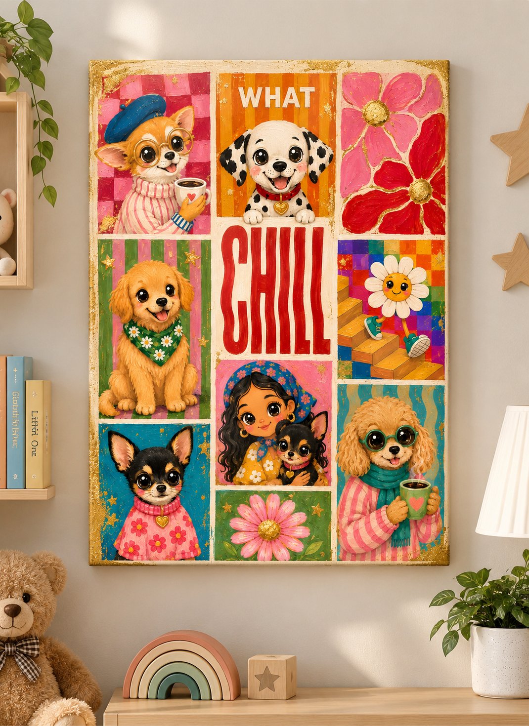 Cute Colorful Dog Wall Art - Retro Vibrant Puppy Canvas Print, Aesthetic Nursery Poster, Whimsical Pet Lover Gift canvas print — cute dog wall decor