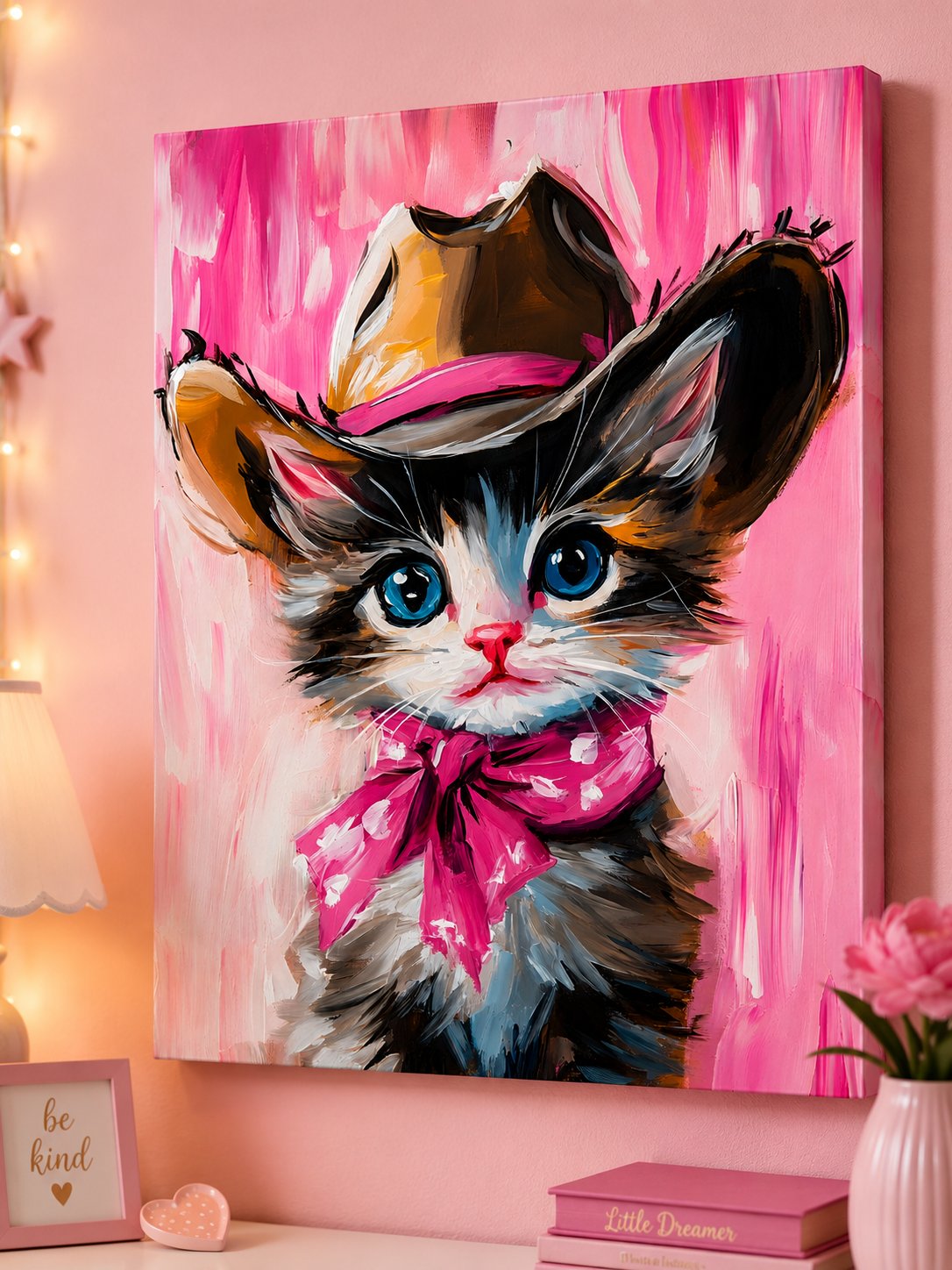 Cute Cowboy Kitten Canvas Wall Art - Fluffy Cat Painting with Pink Bandana and Hat - Charming Nursery & Kids Room Decor canvas print — cowboy kitten