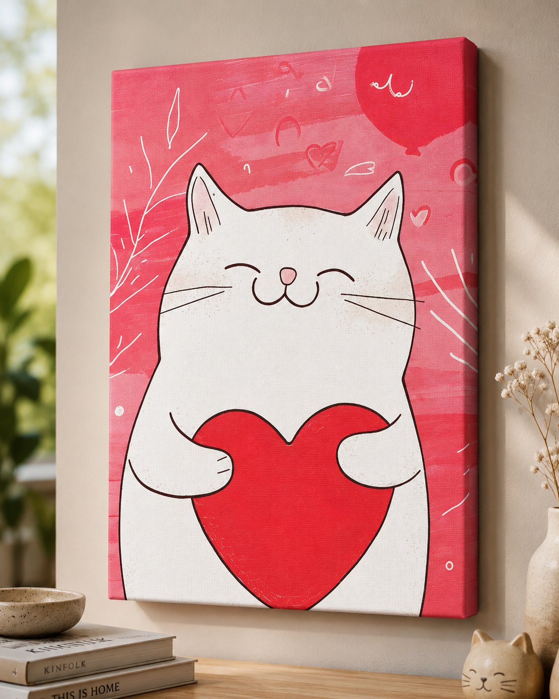  Cute White Cat Holding Heart Wall Art – Whimsical Feline Nursery Canvas Print, Pink Kids Room Decor canvas print — cute cat decor