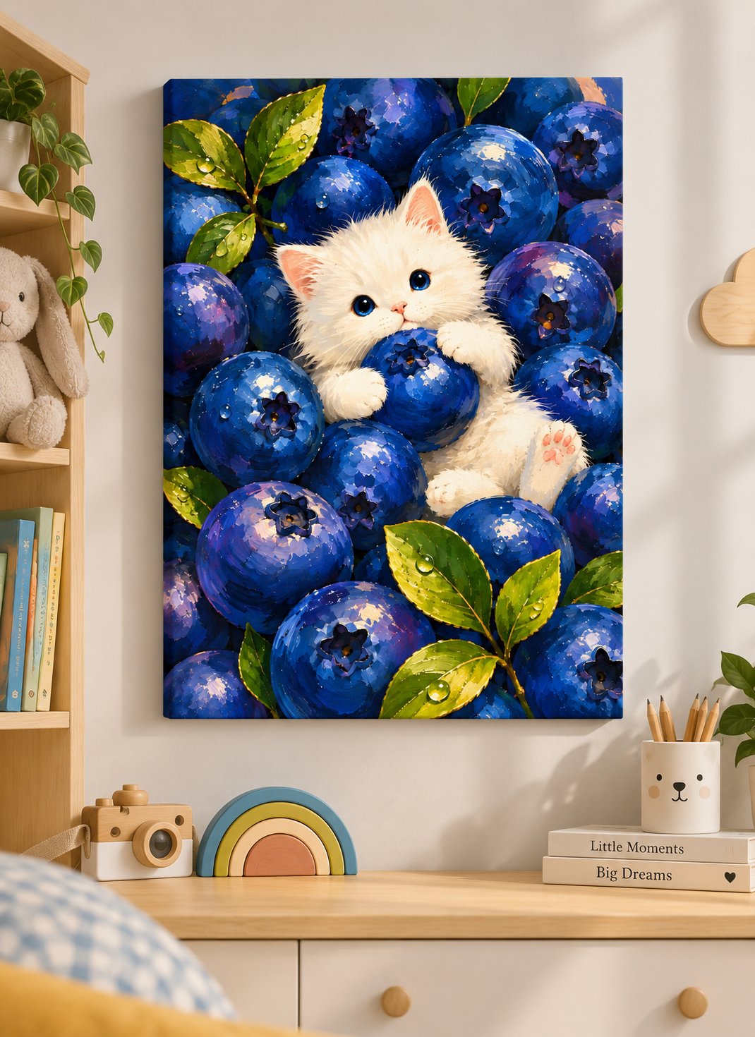 Cute White Kitten in Blueberries Wall Art – Adorable Cat Nursery & Kitchen Decor Print canvas print — white kitten