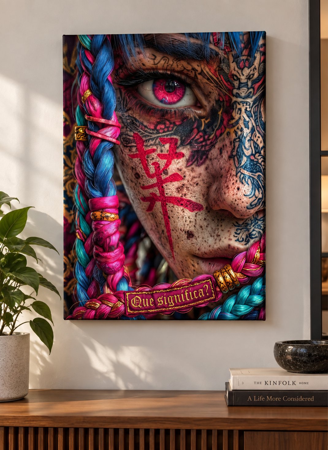 Cyberpunk Geisha Canvas Wall Art - Neo-Tokyo Tattoos & Colorful Braids Portrait canvas print — tattooed woman