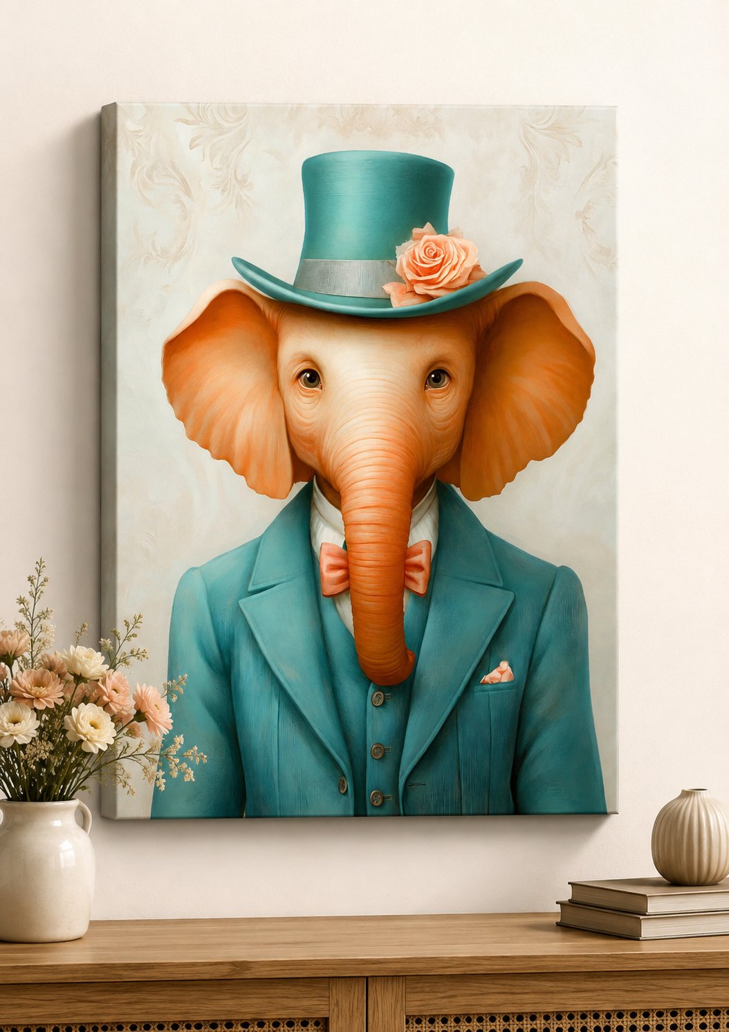 Dapper Elephant Wall Art | Whimsical Surreal Animal Portrait Canvas Print canvas print — gentleman elephant
