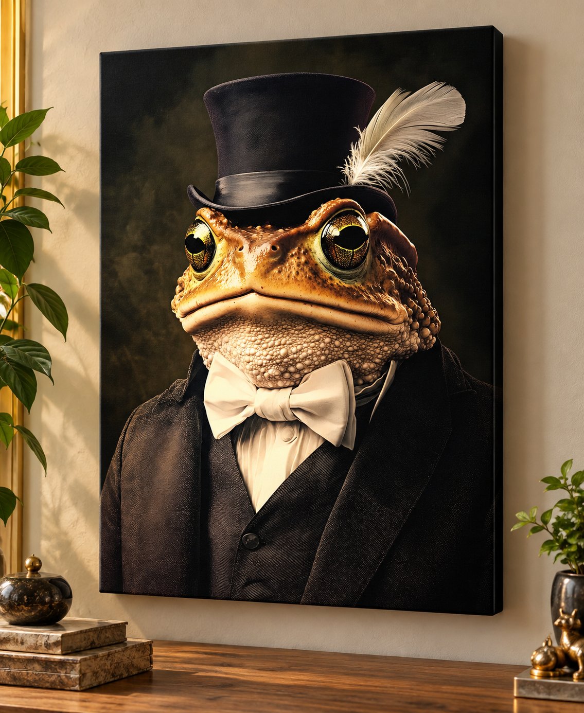Dapper golden-brown toad wearing a black suit, cream bow tie, and feathered top hat against a dark background.