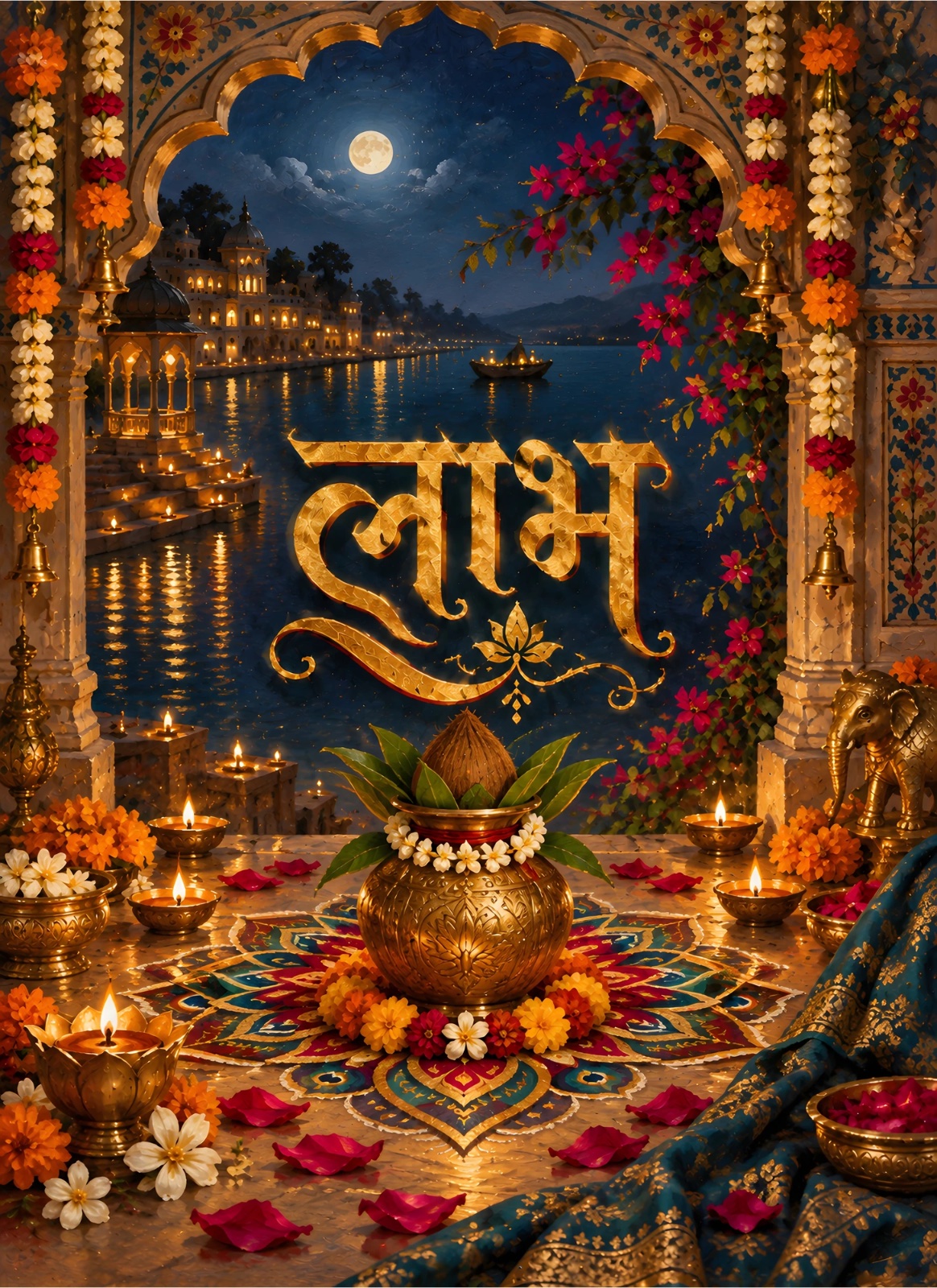 Golden Hindi word “लाभ” above a decorated kalash and colorful rangoli, surrounded by diyas, flowers and an ornate arch overlooking a moonlit waterfront palace.