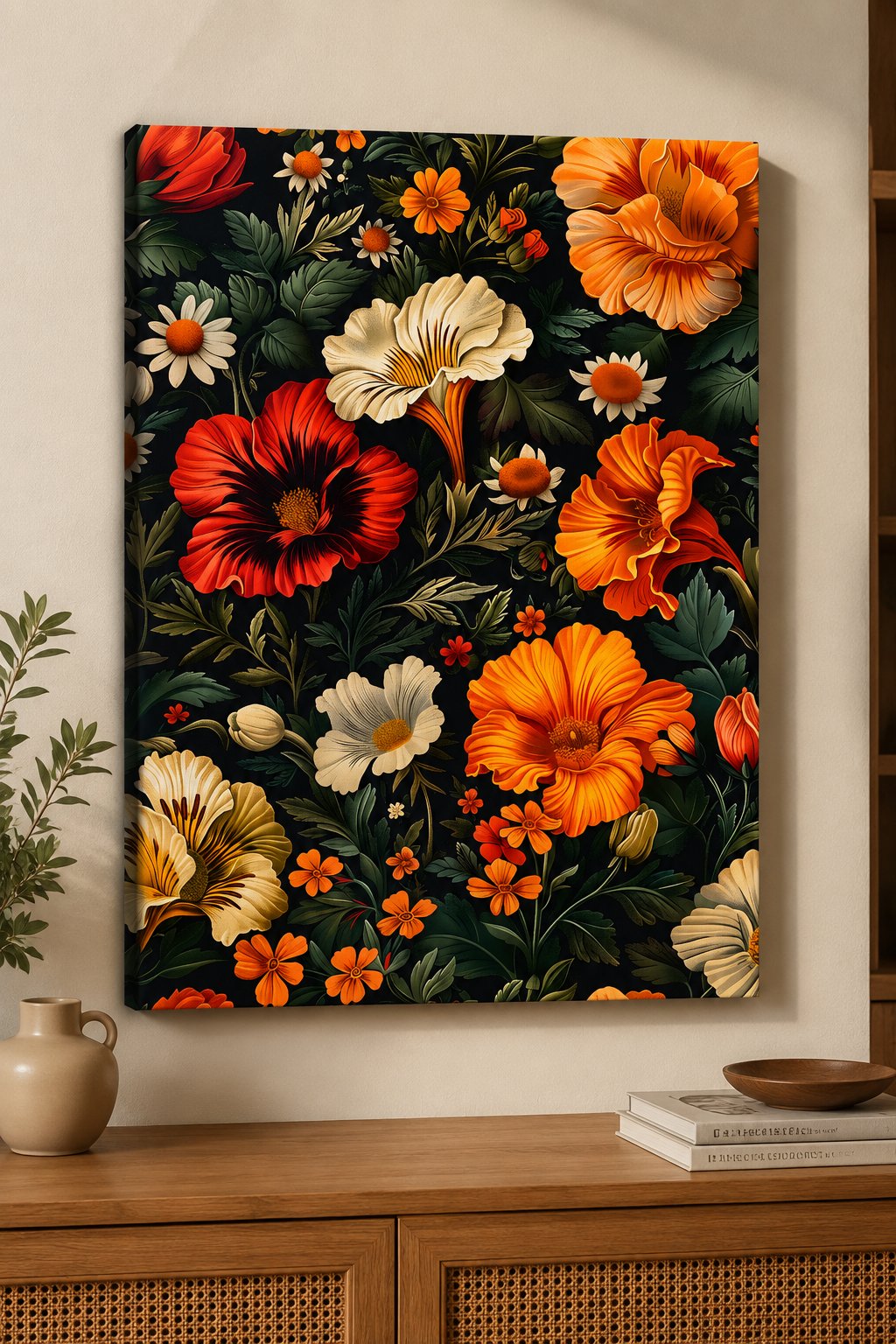 Dark Botanical Floral Wall Art - Vintage Moody Flowers Canvas Print canvas print — dark floral print