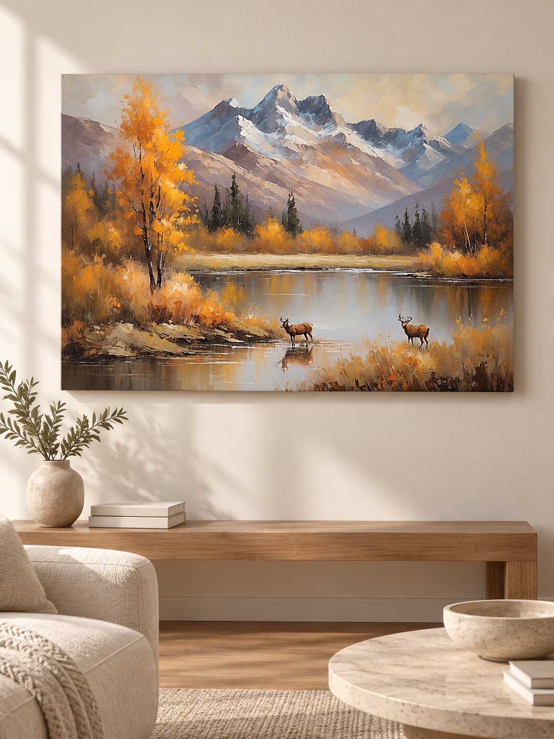 Wildlife canvas art of two deer at an autumn mountain lake
