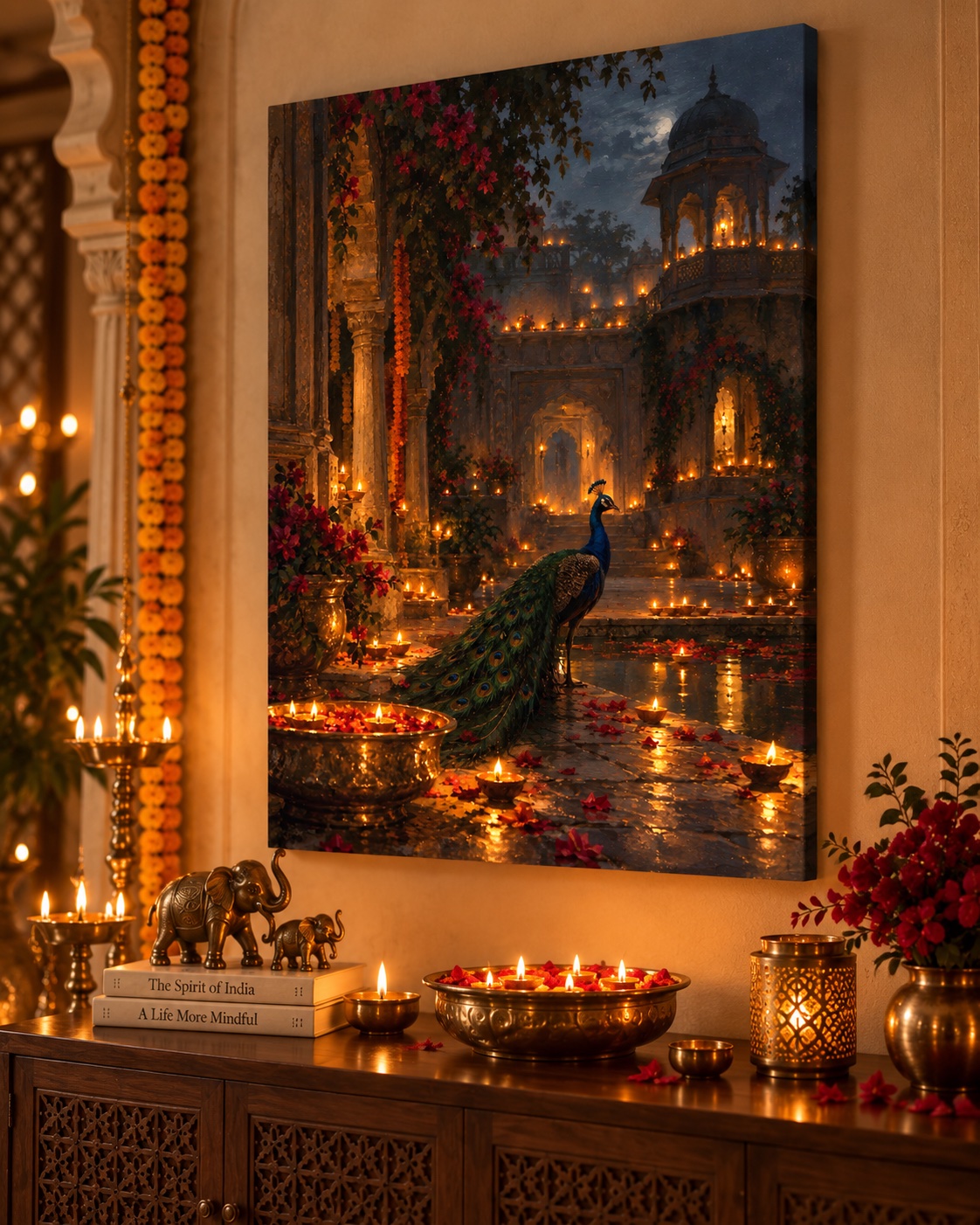 Peacock standing in a moonlit carved courtyard filled with glowing diyas, flowering vines, red petals, arches, and warm golden reflections.