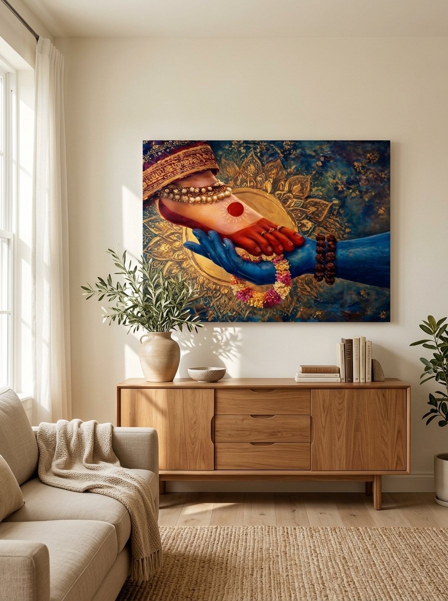 Divine blue hand holding a lotus-adorned divine foot — spiritual canvas wall art