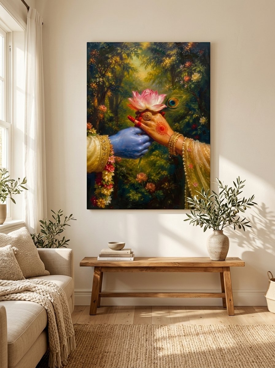 Divine blue hand holding a henna hand with pink lotus — canvas wall art