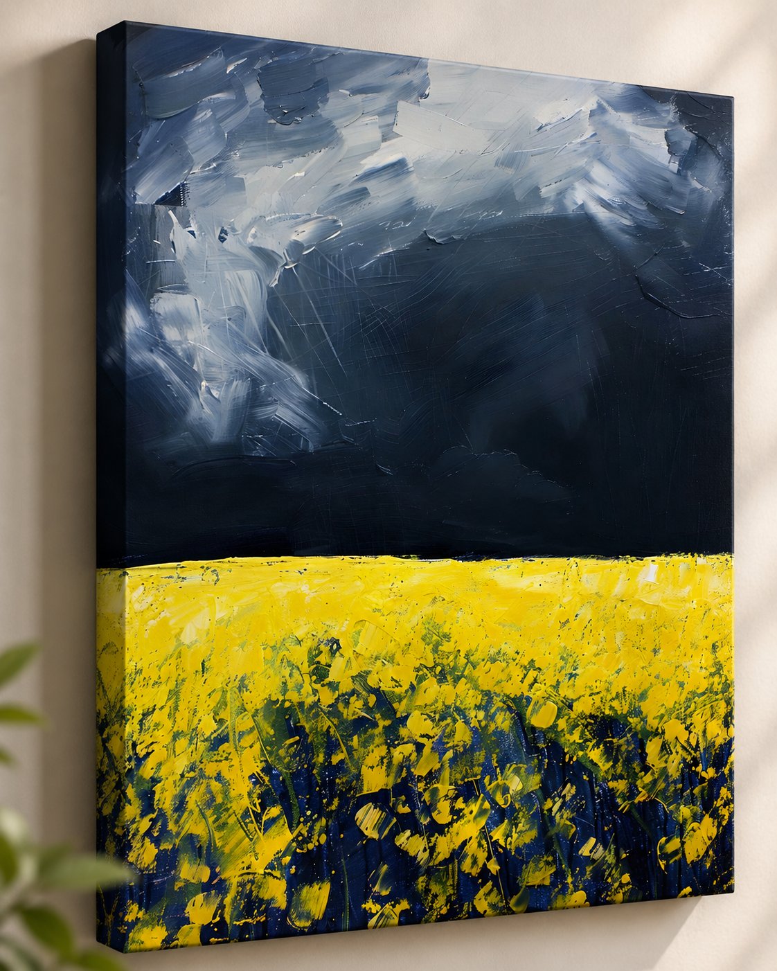 Dramatic Stormy Sky and Yellow Wildflower Field Canvas Print - Modern Textured Abstract Wall Art canvas print — contemporary wall decor
