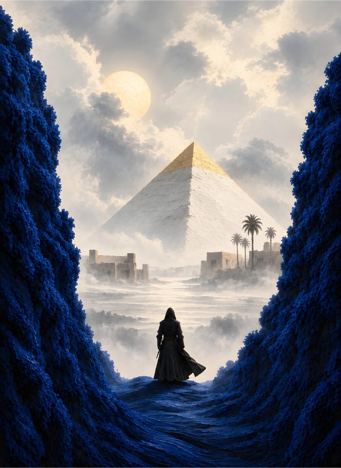 Mystical Blue Pyramid Landscape Poster – Surreal Cloaked Figure, Moonlit Clouds & Gold Accent Décor — Poster