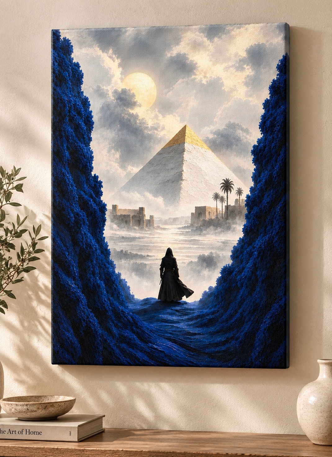 Cloaked figure facing a huge white pyramid with a gold top, surrounded by deep blue textured forms, mist, palm trees, glowing clouds, and a pale moon.