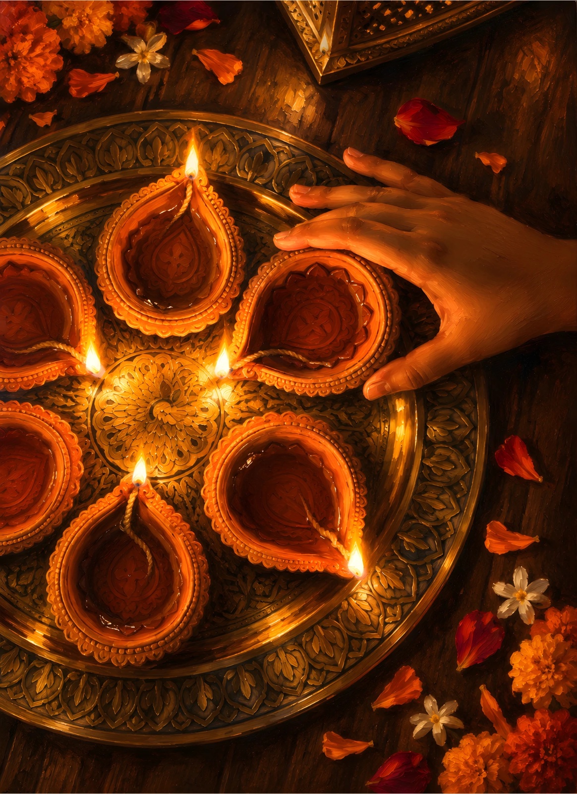 Glowing clay diyas on an ornate golden tray with a reaching hand, marigold flowers, and scattered red and orange petals.