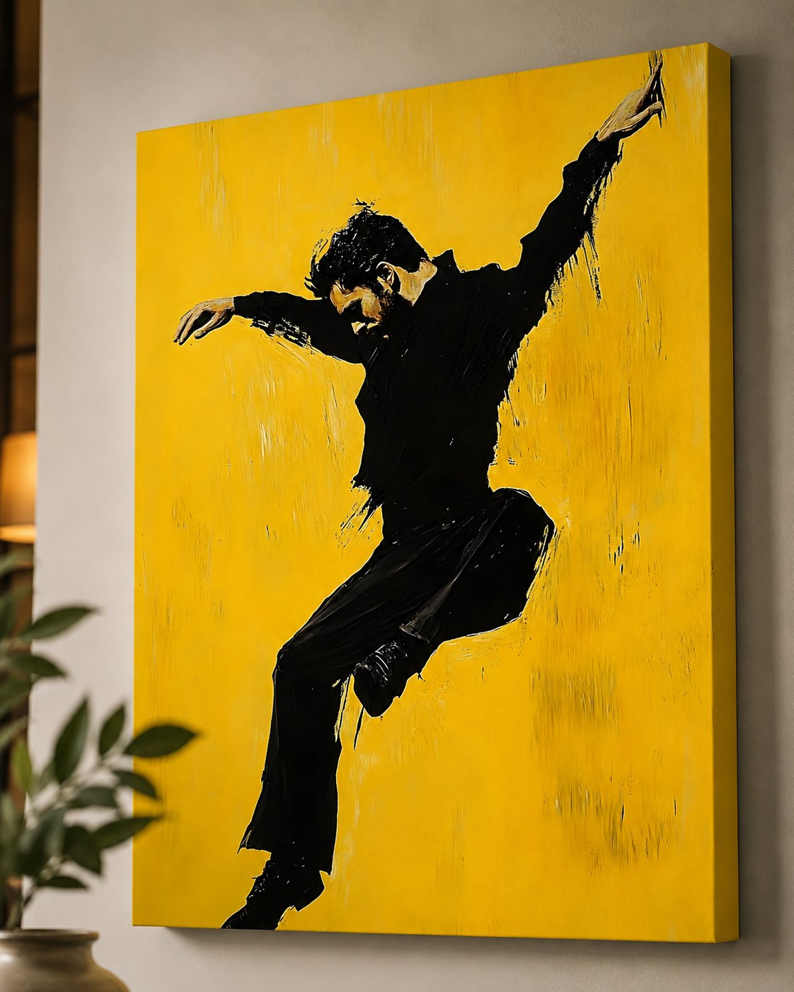 Dynamic Male Dancer Silhouette Wall Art - Abstract Canvas Painting on Yellow Background - Modern Expressionist Dance Print for Living Room Decor canvas print — jumping man canvas