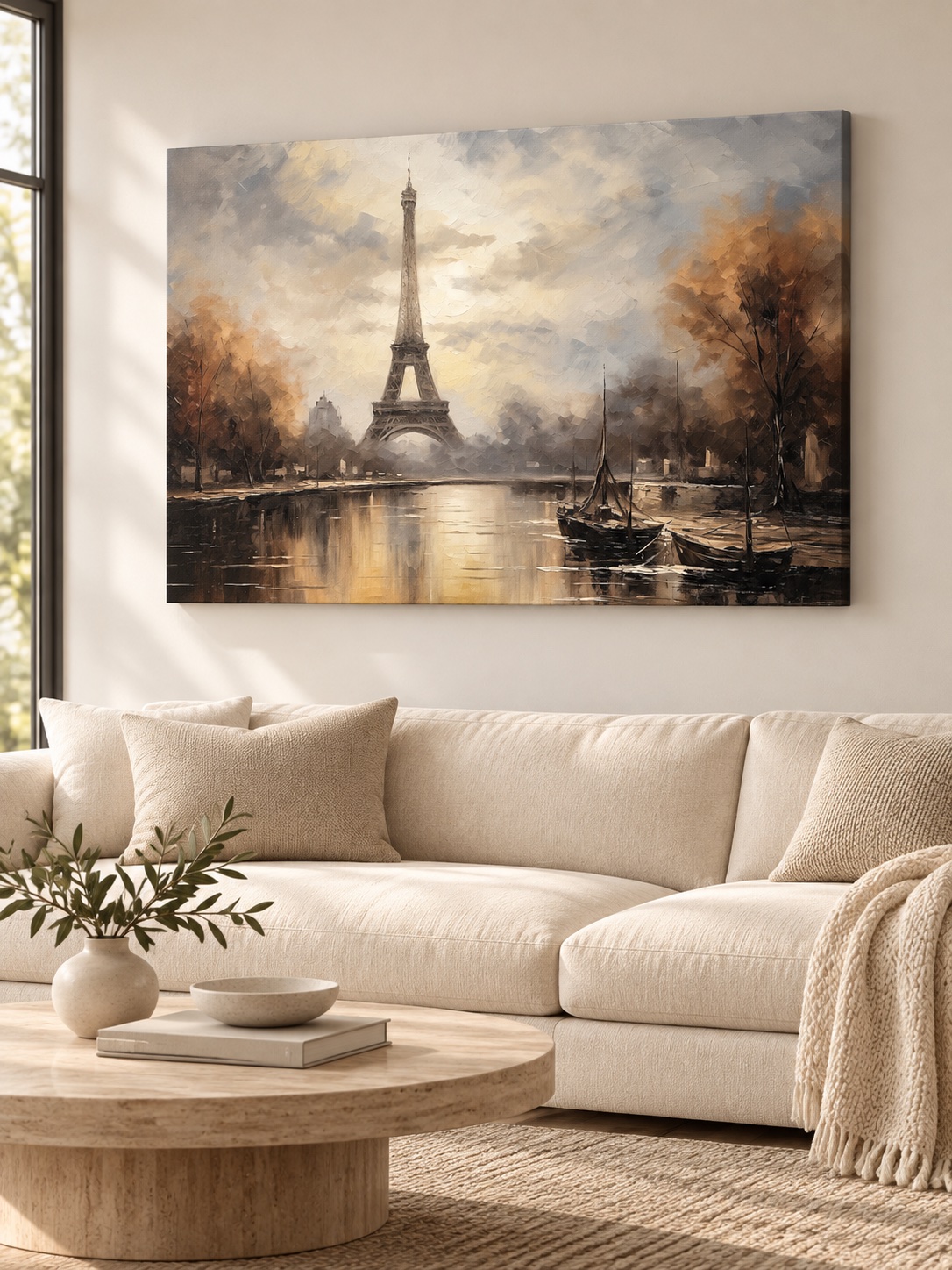 Dreamy Paris canvas art of the Eiffel Tower in mist over the Seine