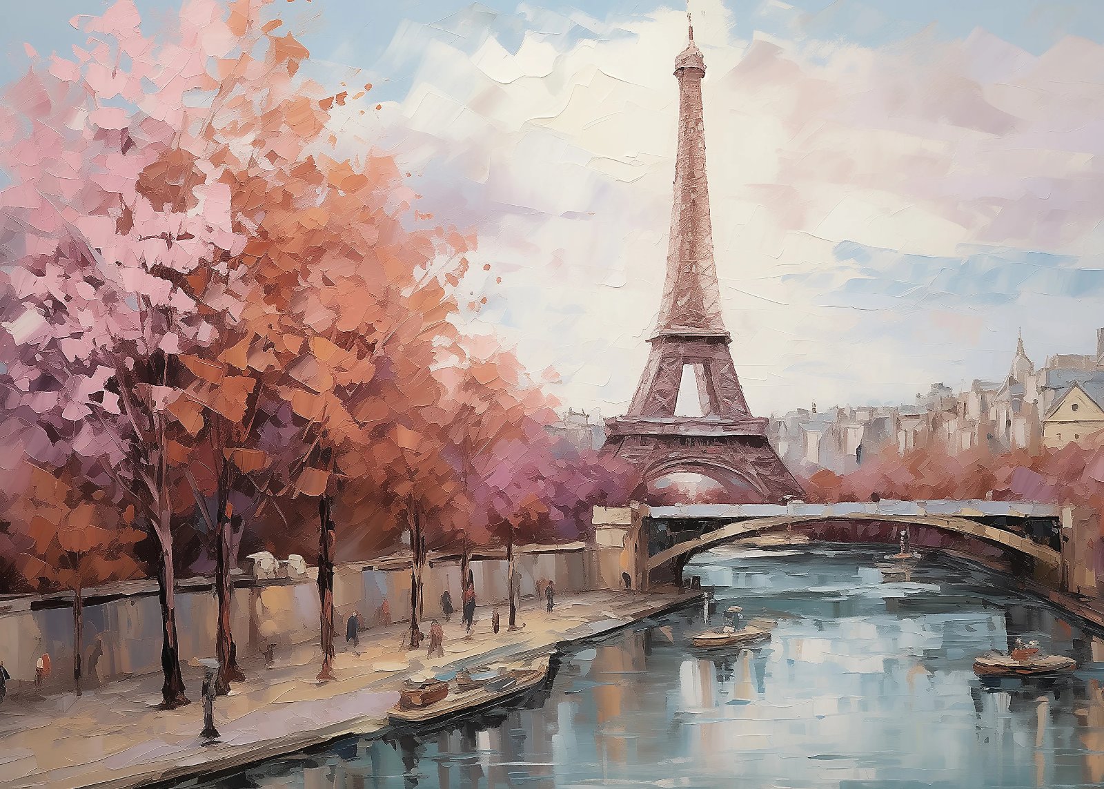 Dreamy Paris canvas art of the Eiffel Tower with pink blossom trees