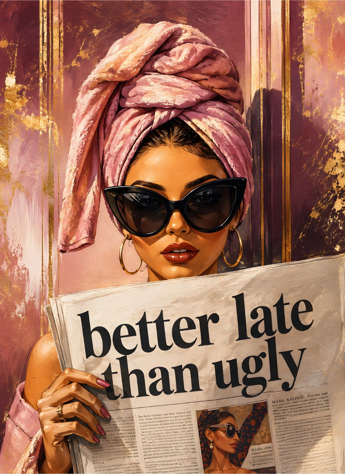 Elegant Fashion Portrait with Pink Turban & Sunglasses – Glamorous Editorial Poster — Poster