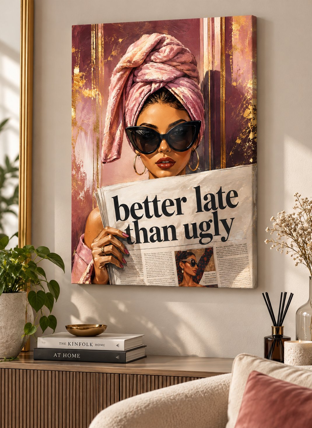 Stylish woman wearing a pink turban, oversized black cat-eye sunglasses, gold hoop earrings, and red lipstick while holding a newspaper reading “better late than ugly.”