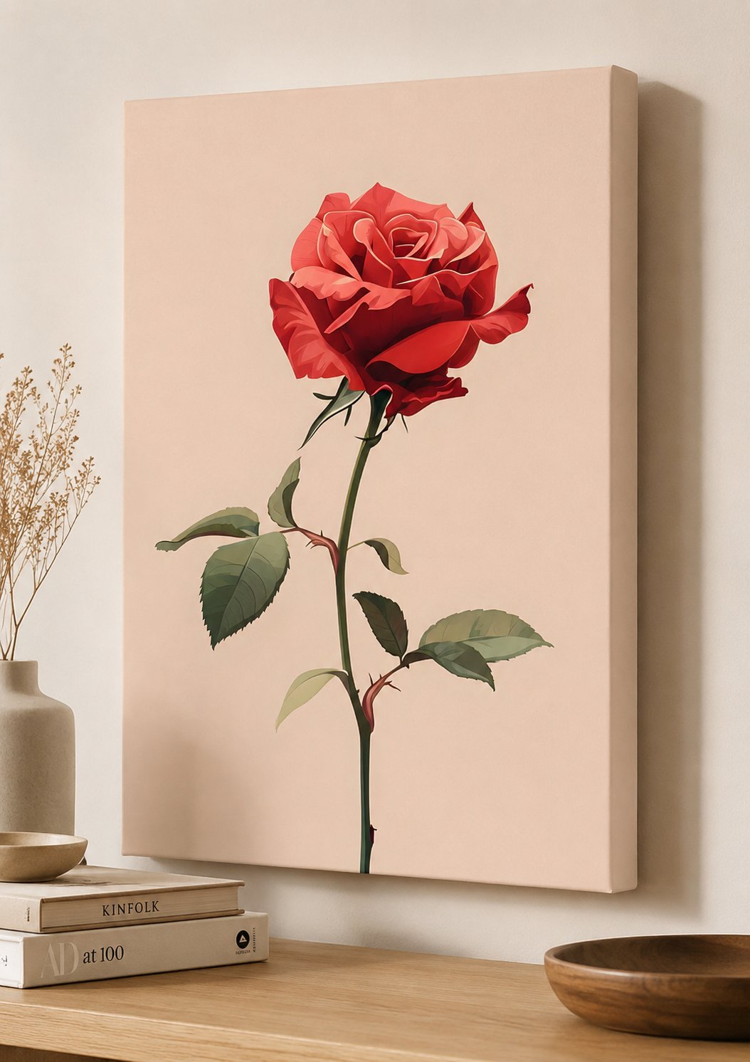 Elegant Red Rose Wall Art | Minimalist Floral Canvas Print for Living Room canvas print — rose print