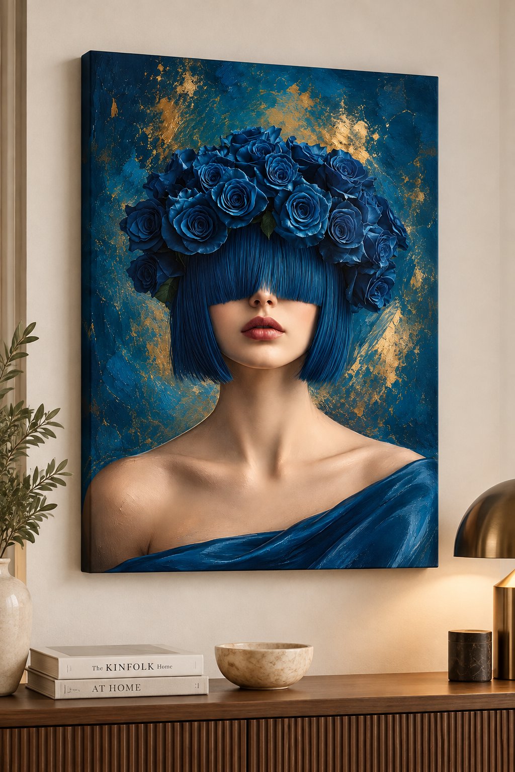 Elegant Surreal Blue Rose Woman Canvas Wall Art - Modern Female Portrait with Flowers canvas print — rose crown woman
