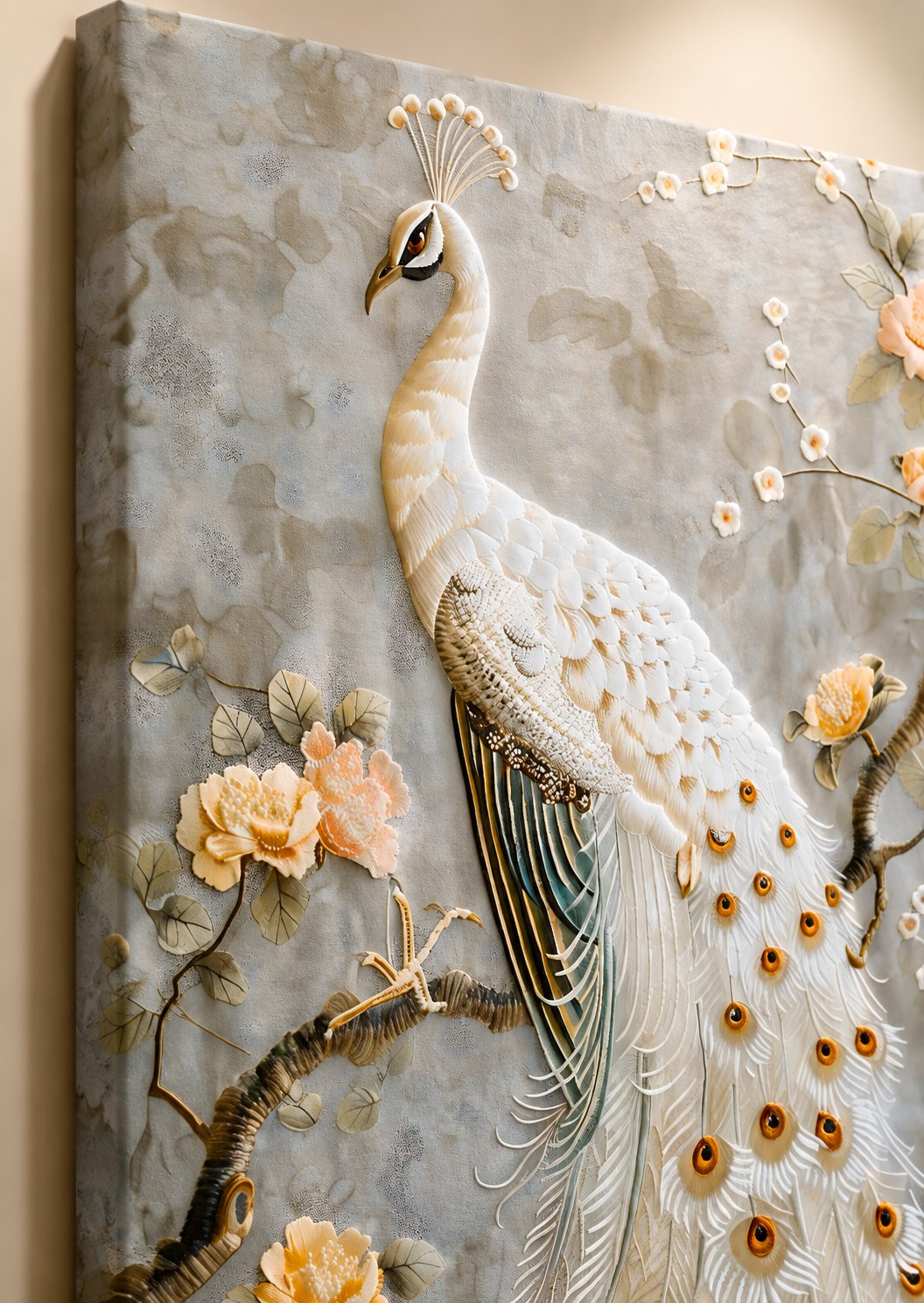 Elegant White Peacock Canvas Wall Art - Luxury Chinoiserie Floral Painting Print for Living Room, Traditional Asian Style Home Decor canvas print — peacock wall decor